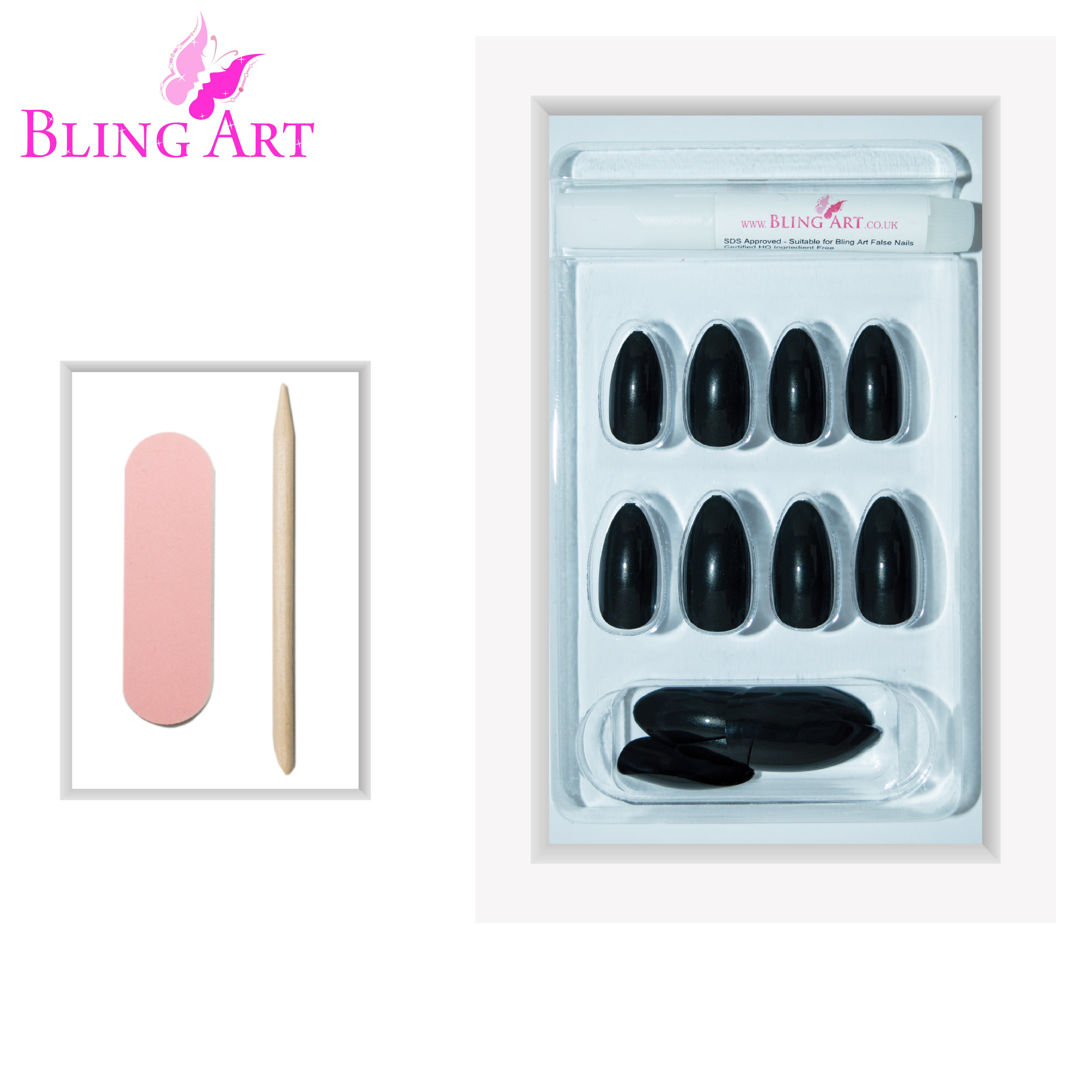 Bling Art Black glitter almond stiletto press-on nail set packaging — 24 nails, 12 sizes XS-XXL, file and cuticle stick included. Glue not included.