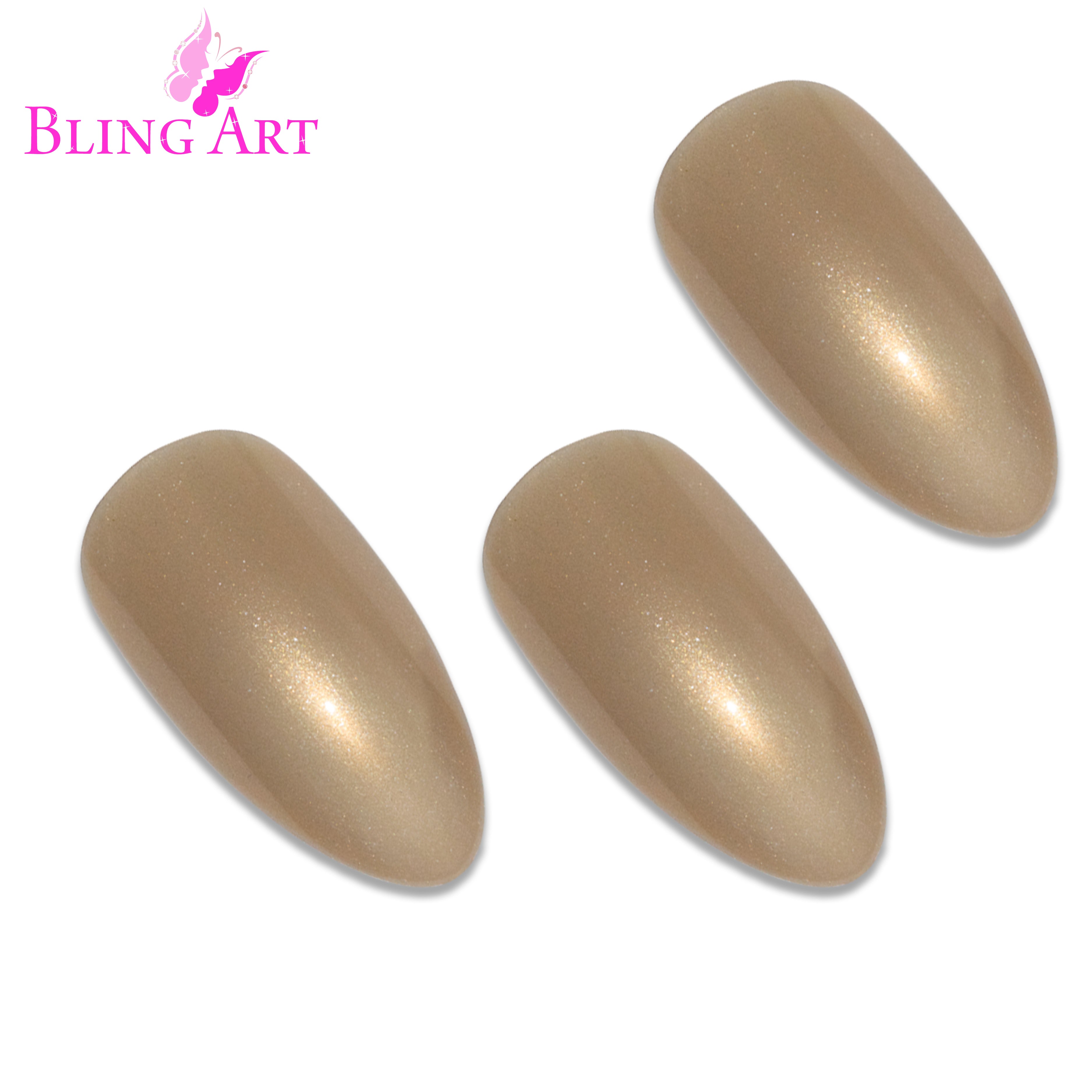 Gold glitter almond stiletto Bling Art press-on nails — worn-hand close-up showing the champagne-gold sparkle on long pointed almond stiletto tips. Almond = Stiletto (same shape).