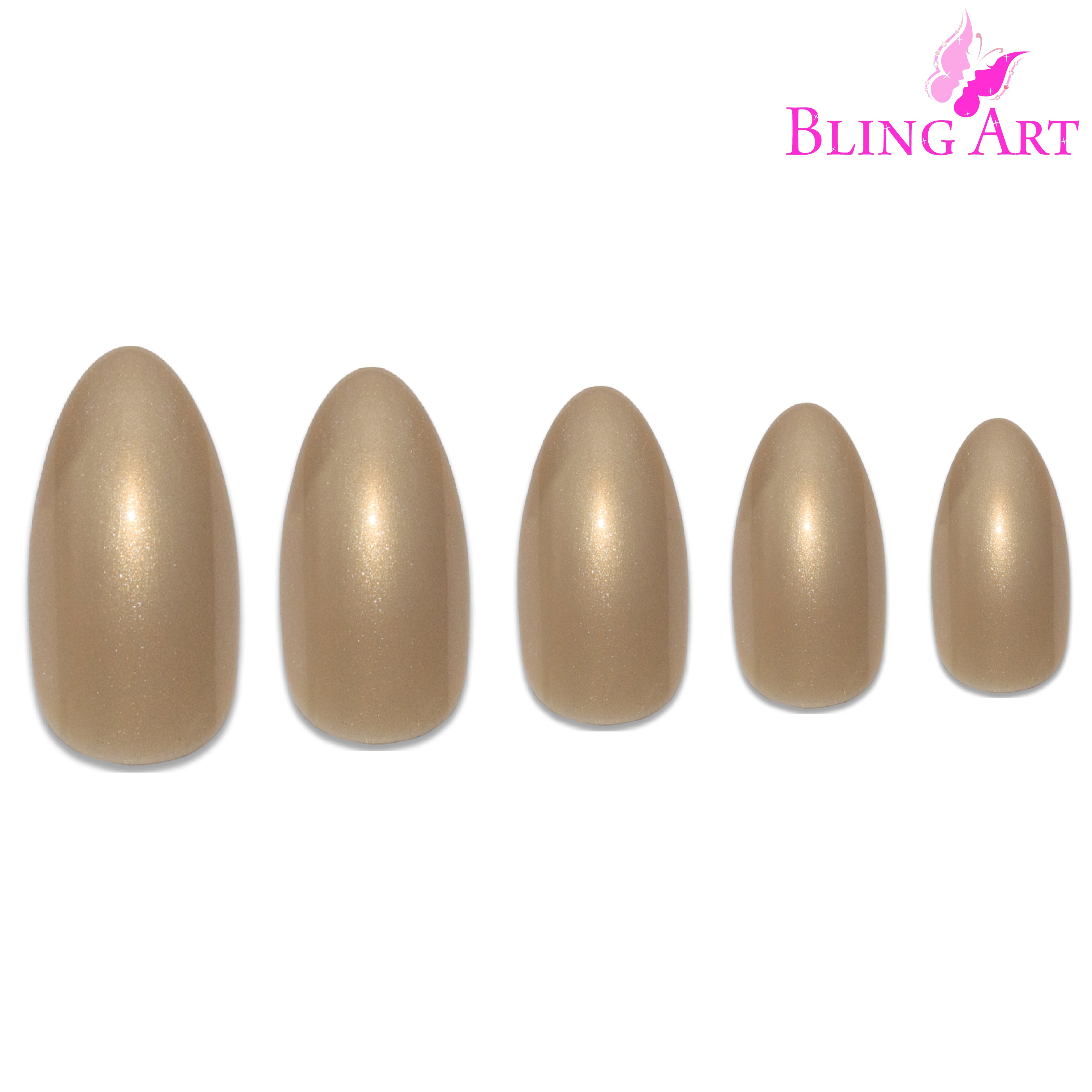 Gold glitter almond stiletto Bling Art press-on nails — full-hand reveal showing all 24 nails for weddings, Christmas and festive events.