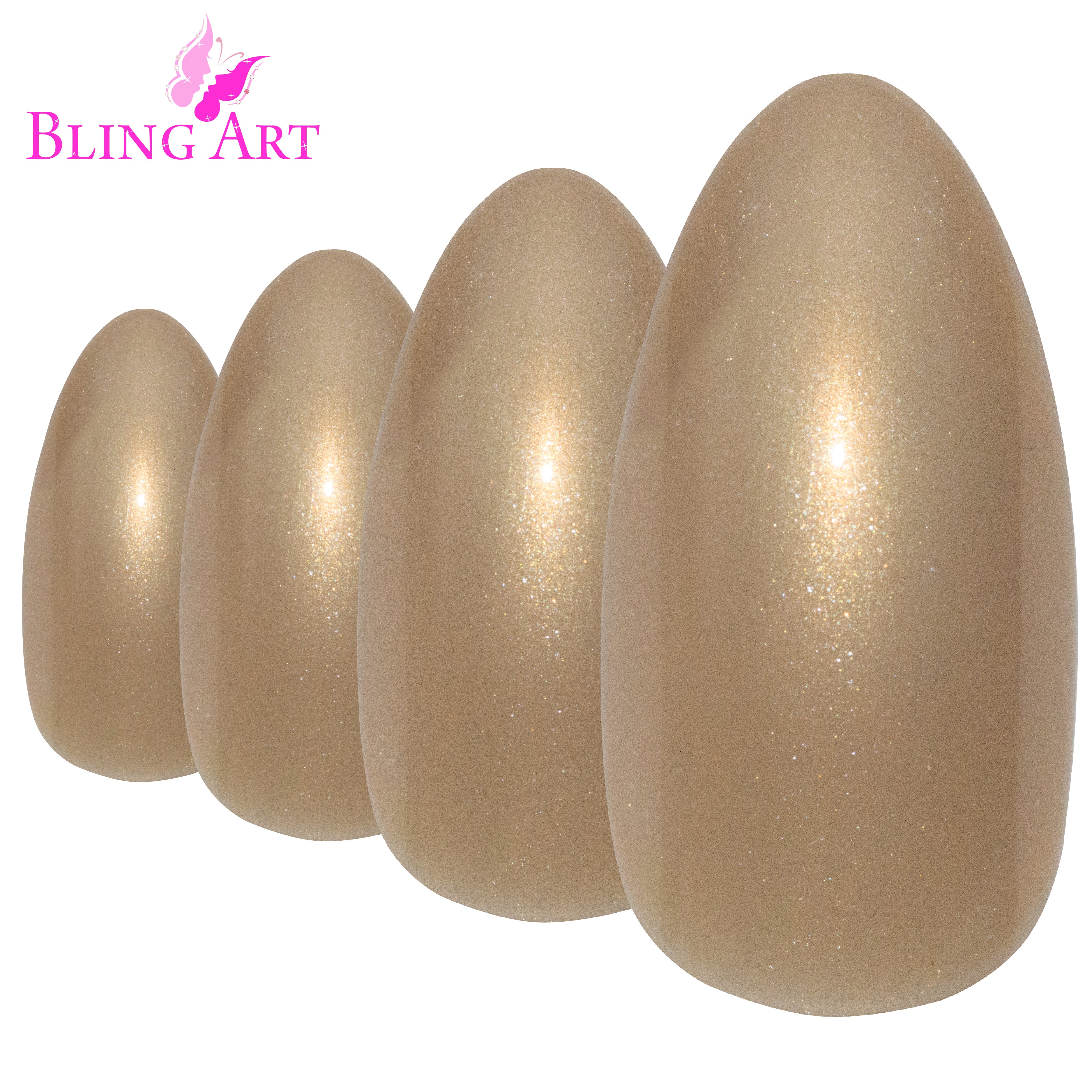 Gold glitter almond stiletto Bling Art press-on nails — alternative angle revealing the glitter density on the long almond stiletto shape.