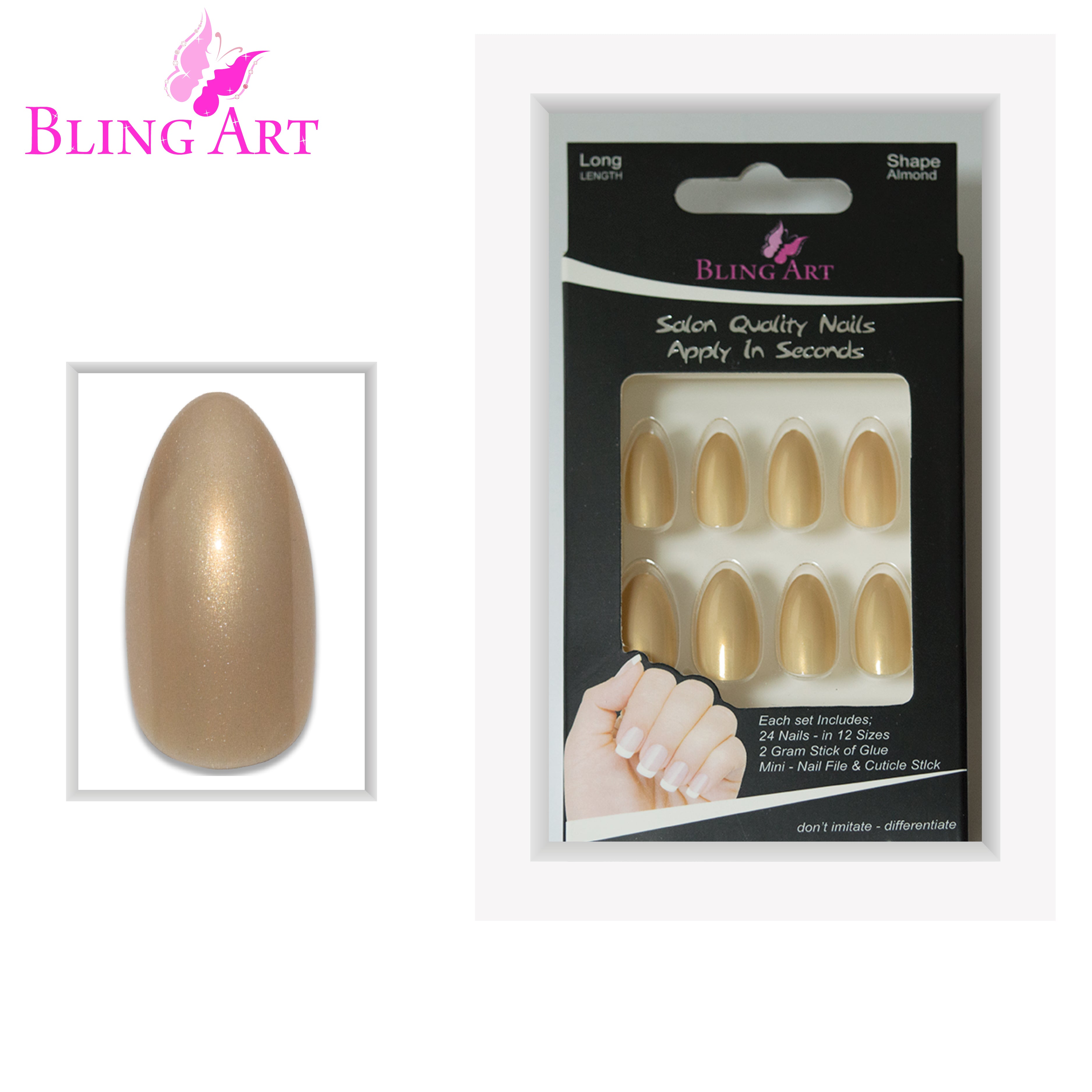Gold glitter almond stiletto Bling Art press-on nails — lifestyle context shot showing the celebration champagne-gold sparkle.
