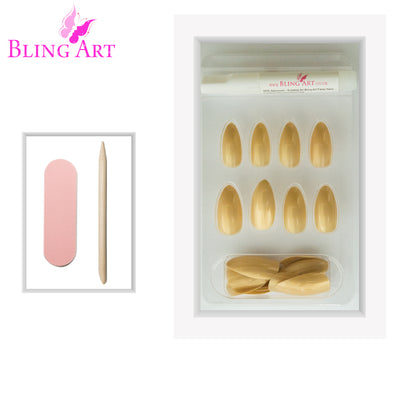 Warm champagne gold glitter almond stiletto long press-on false nails by Bling Art — celebration sparkle for weddings, Christmas, and statement events · embedded fine gold glitter · long almond stiletto tips · 24 nails per set with adhesive · designed in Yorkshire