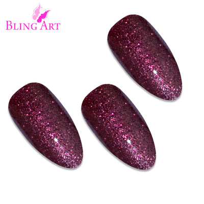Red Brown gel almond stiletto long press-on false nails by Bling Art — warm chestnut red-brown high-shine gel for autumnal gloss in seasonal events and elegant everyday wear. 24 nails, 12 sizes XS-XXL, no UV lamp. Designed in Yorkshire UK. Almond = Stiletto (same shape).