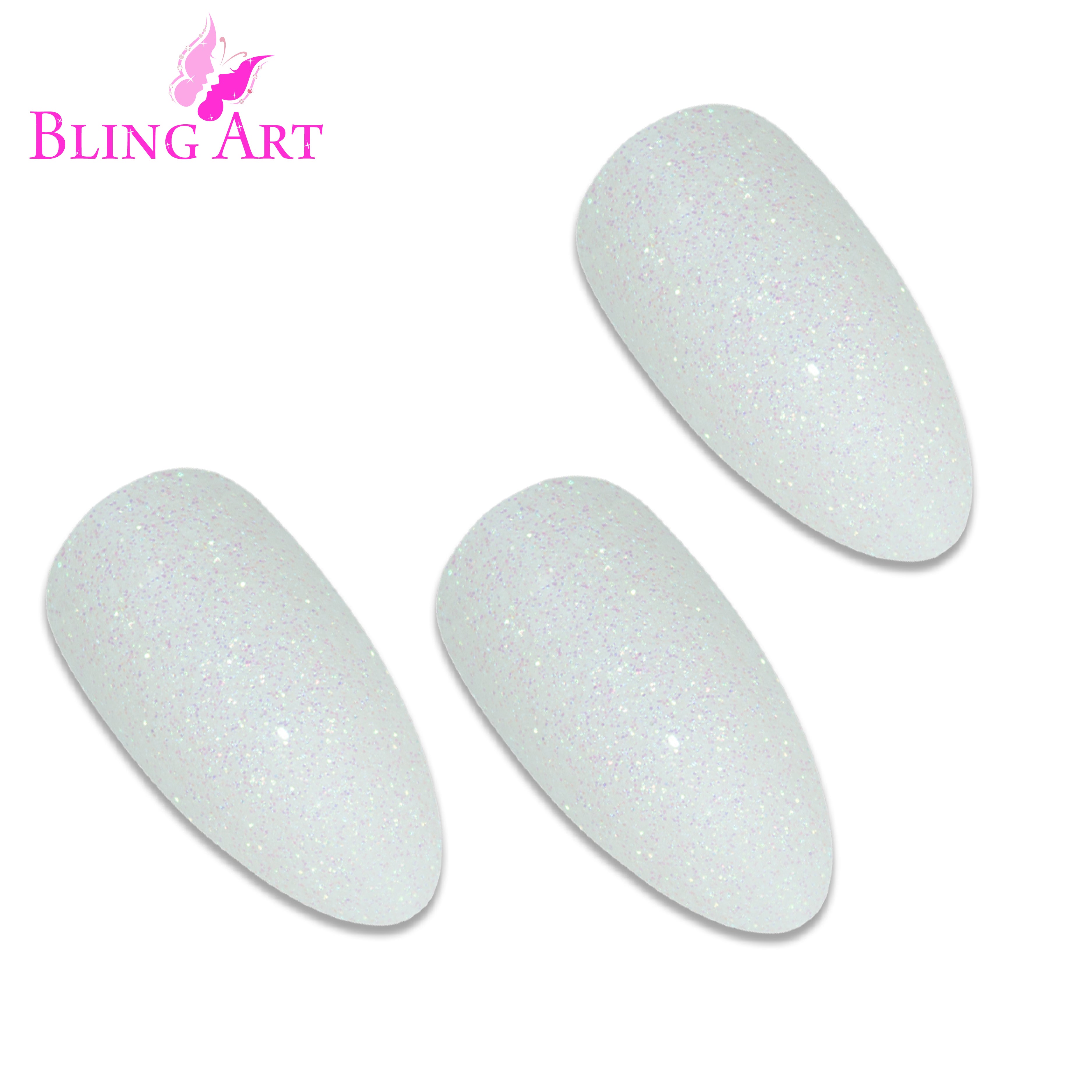 White gel almond stiletto Bling Art press-on nails — lifestyle context shot showing the elegant pearl-white bridal length.