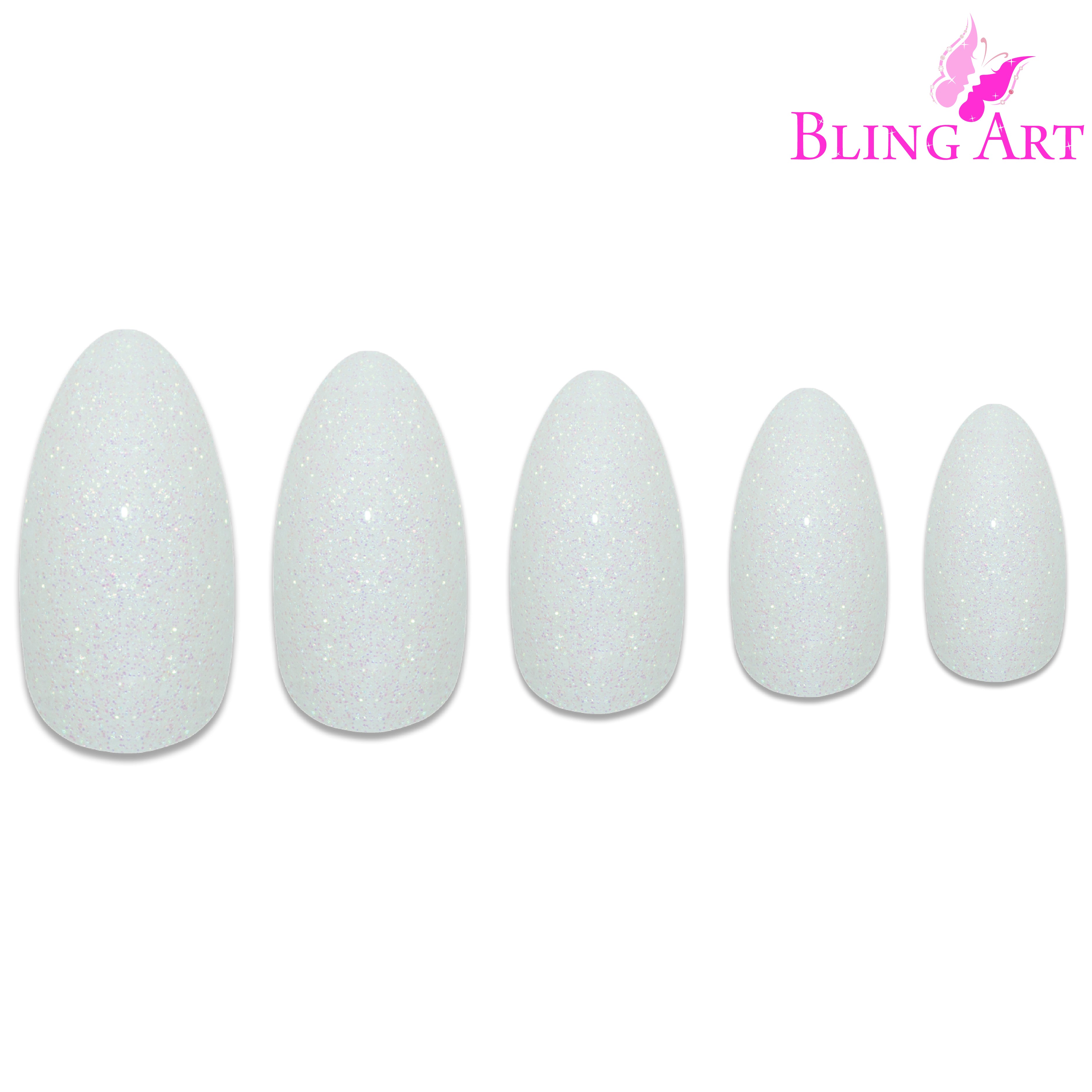 White gel almond stiletto Bling Art press-on nails — alternative angle revealing the bond line on the long almond stiletto shape.