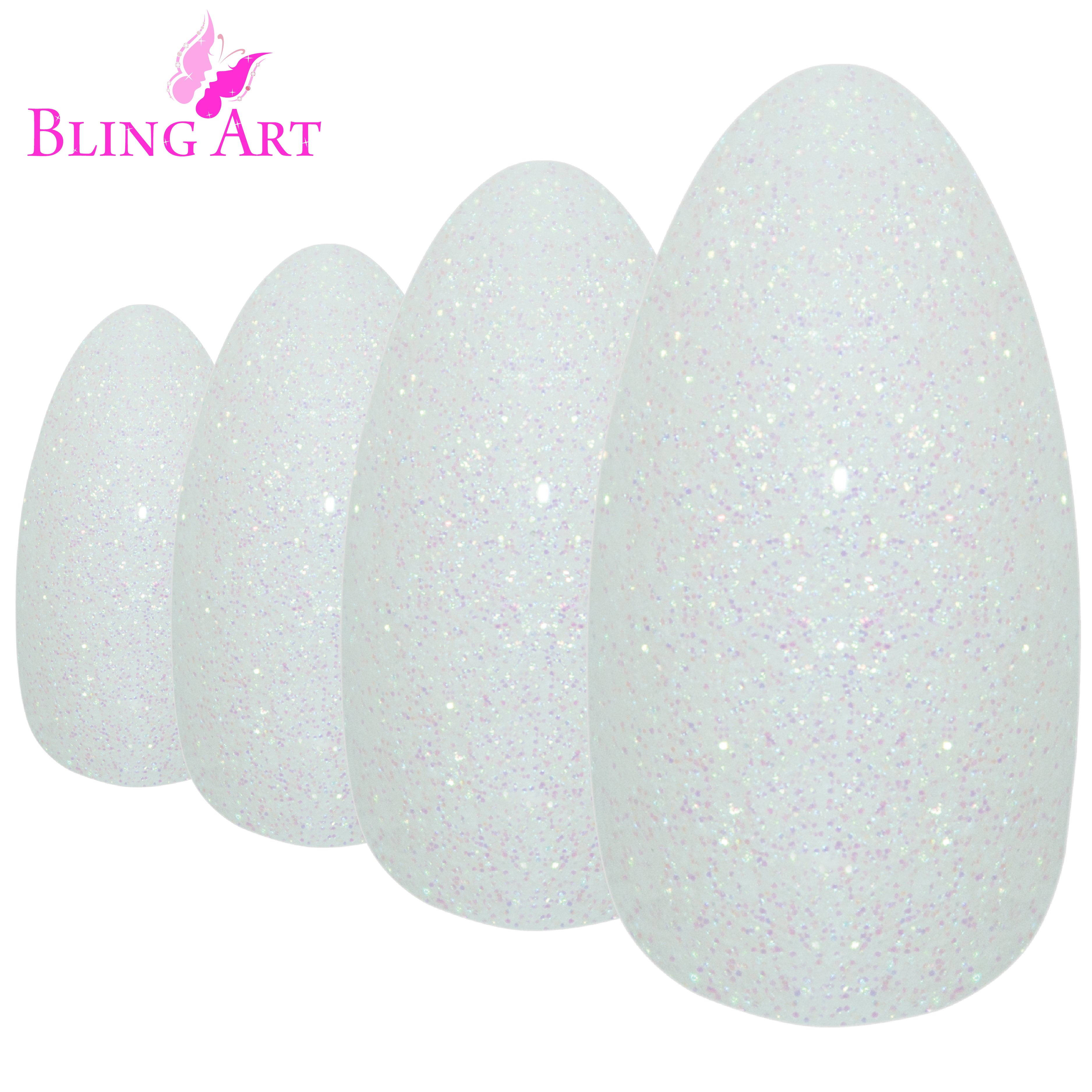 White gel almond stiletto Bling Art press-on nails — worn-hand close-up showing the pearl-white gel coat on long pointed almond stiletto tips.