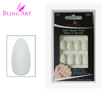 White gel almond stiletto long press-on false nails by Bling Art — pearl-white high-shine gel statement bridal length for weddings, photoshoots and special occasions. 24 nails, 12 sizes XS-XXL, no UV lamp. Designed in Yorkshire UK. Almond = Stiletto (same shape).