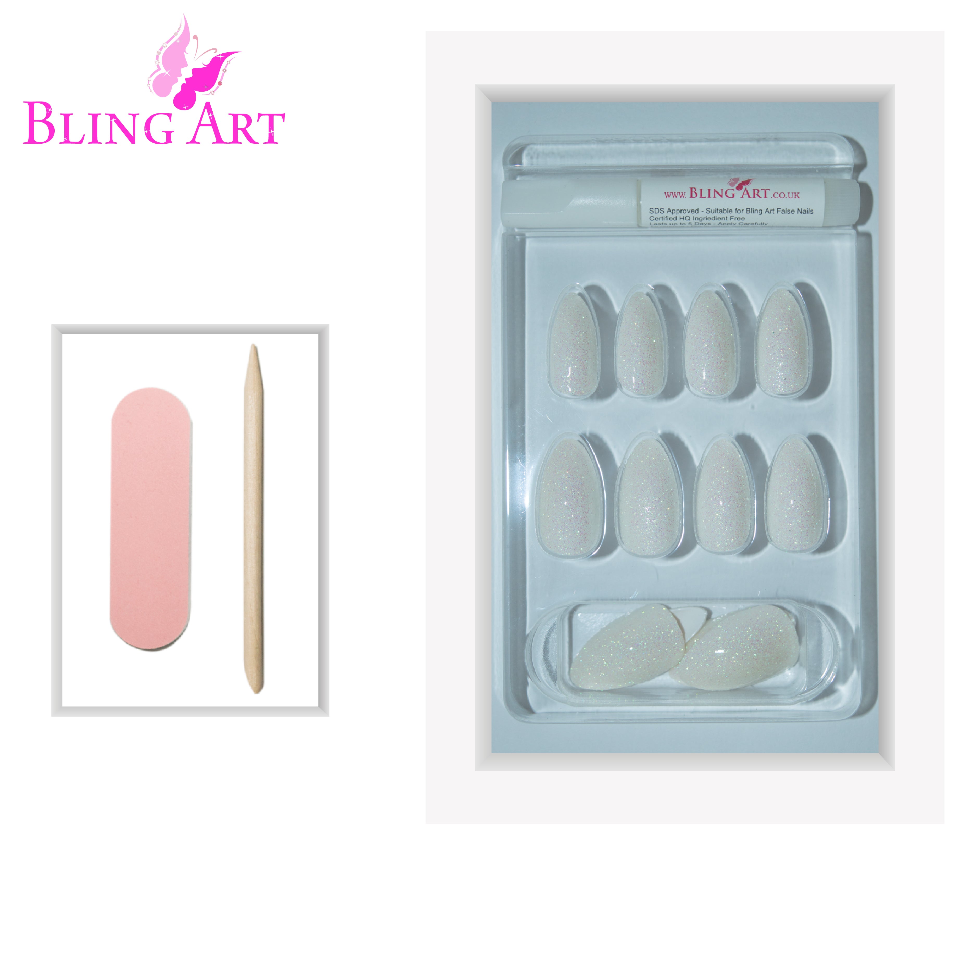 White gel almond stiletto Bling Art press-on nails — full-hand reveal showing all 24 nails for weddings and bridal photoshoots.