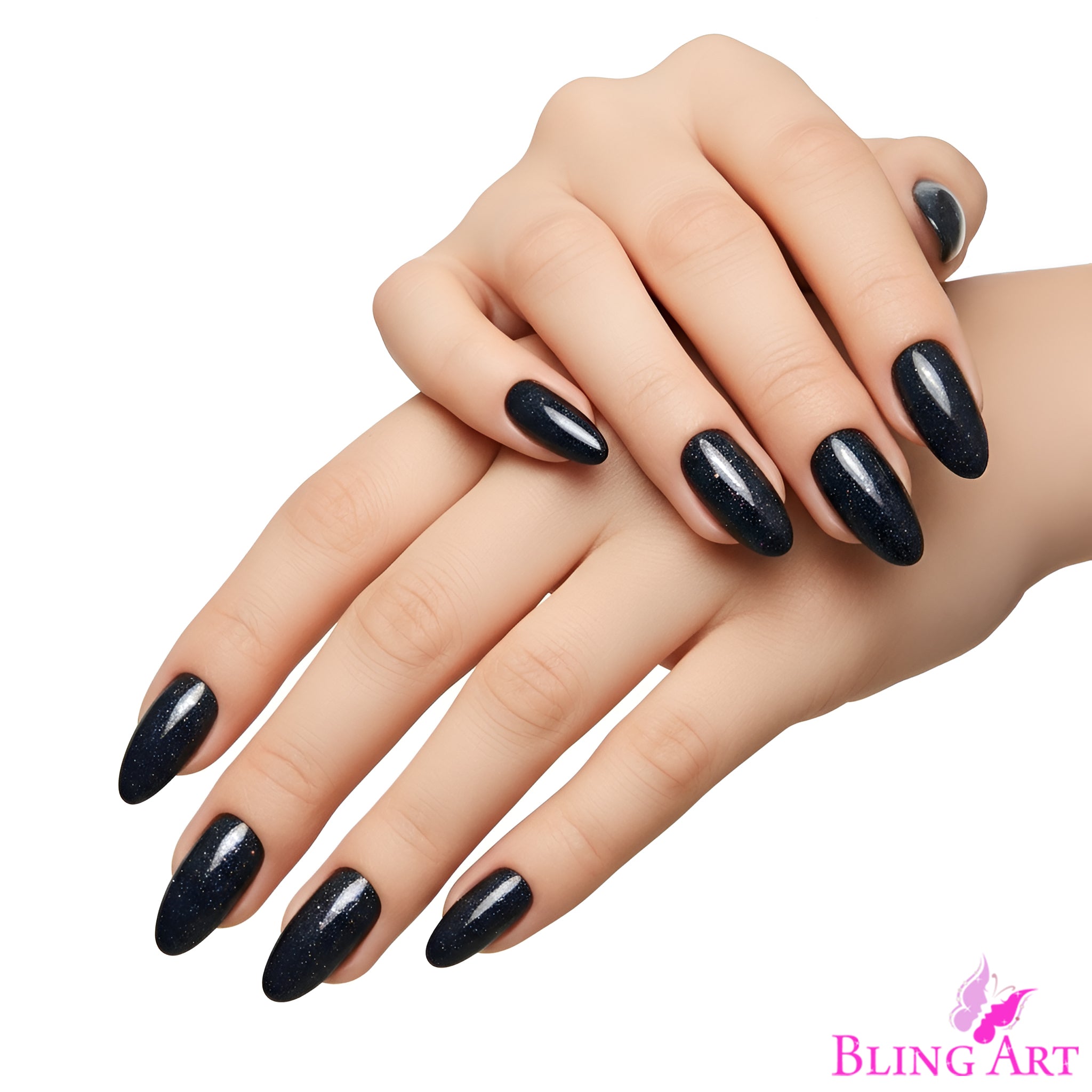 False Nails by Bling Art Black Gel Almond Stiletto 24 Fake Long Acrylic Tips
