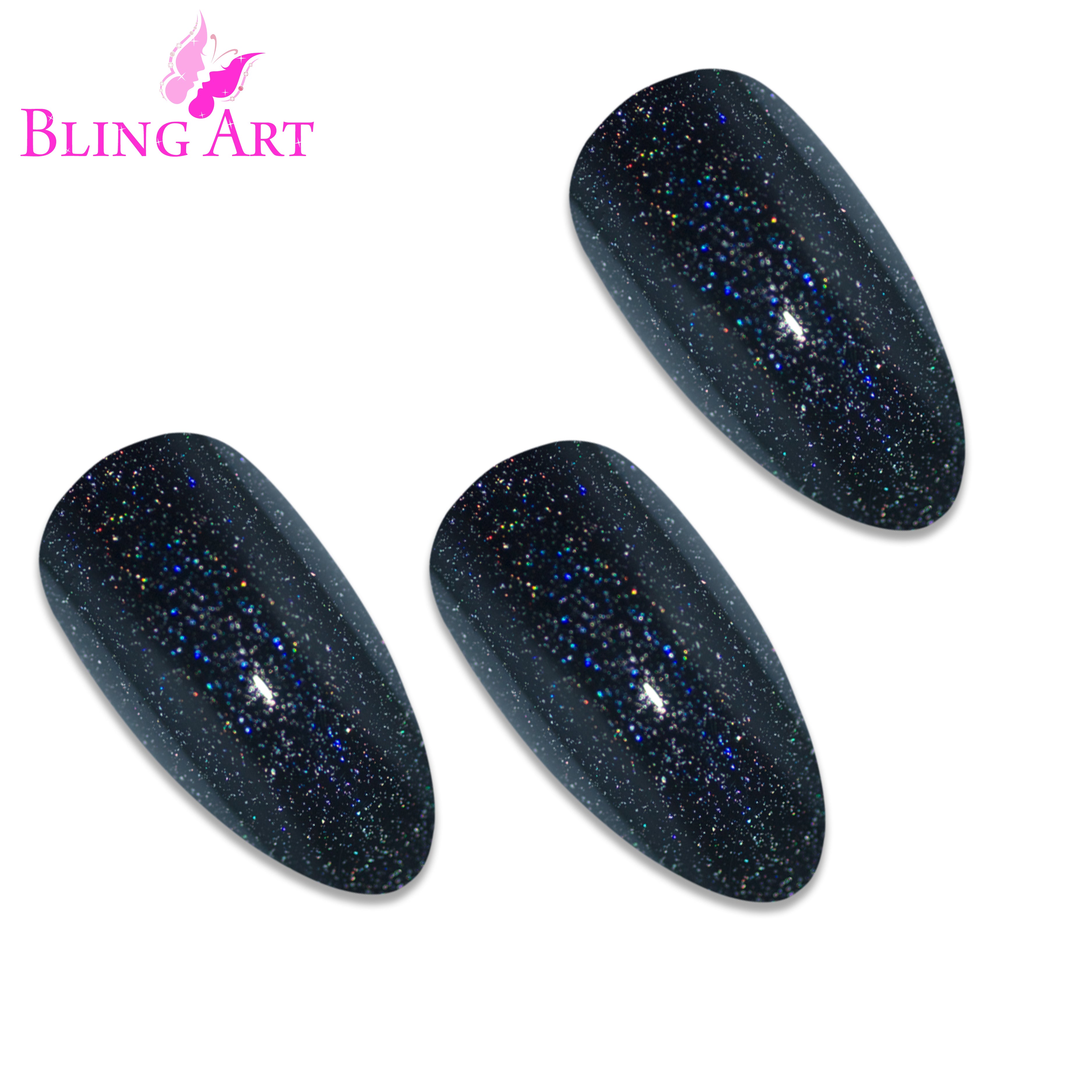Black gel almond stiletto Bling Art press-on nails — alternative angle revealing the bond line on the long almond stiletto shape.