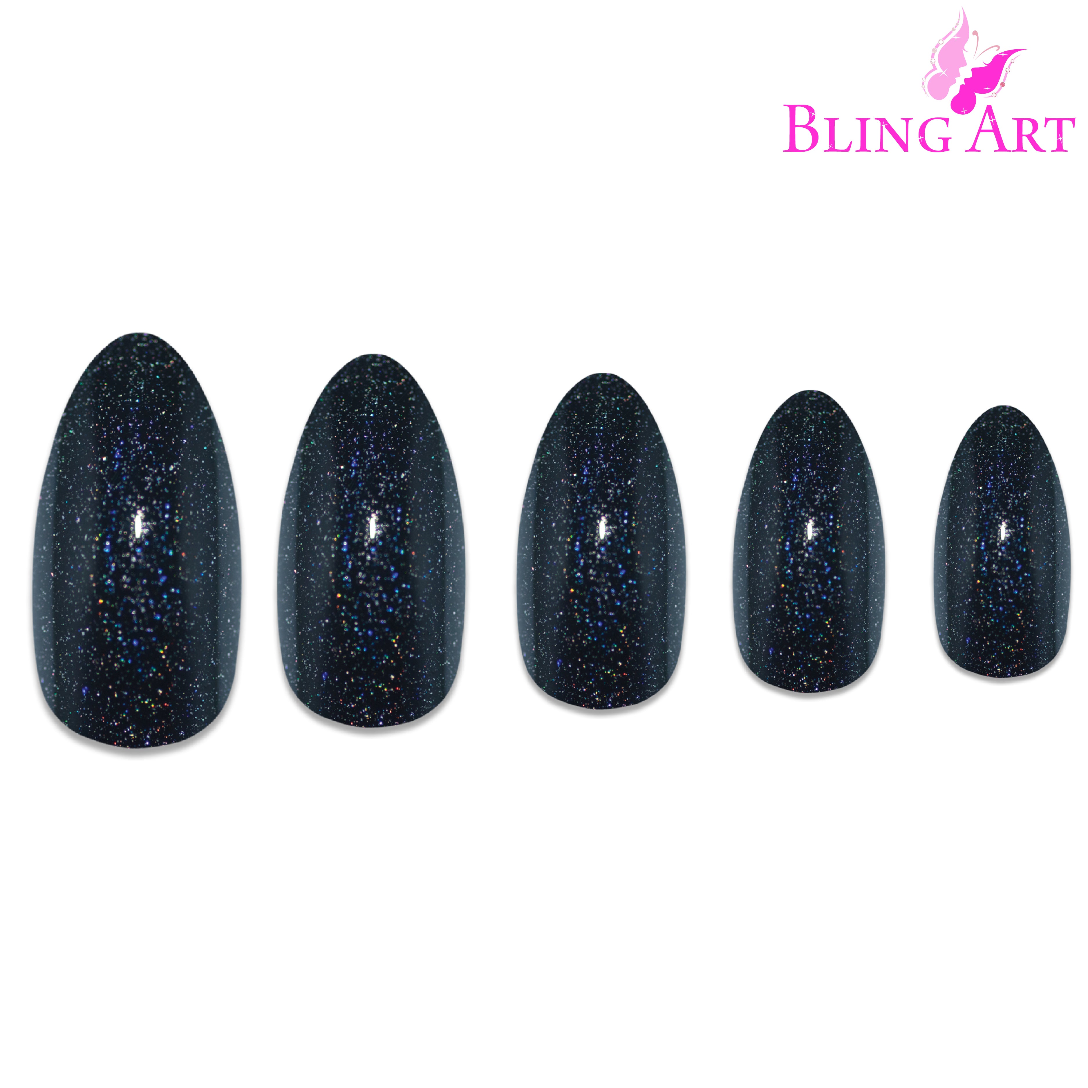 Black gel almond stiletto Bling Art press-on nails — full-hand reveal showing all 24 nails for evening wear and editorial styling.