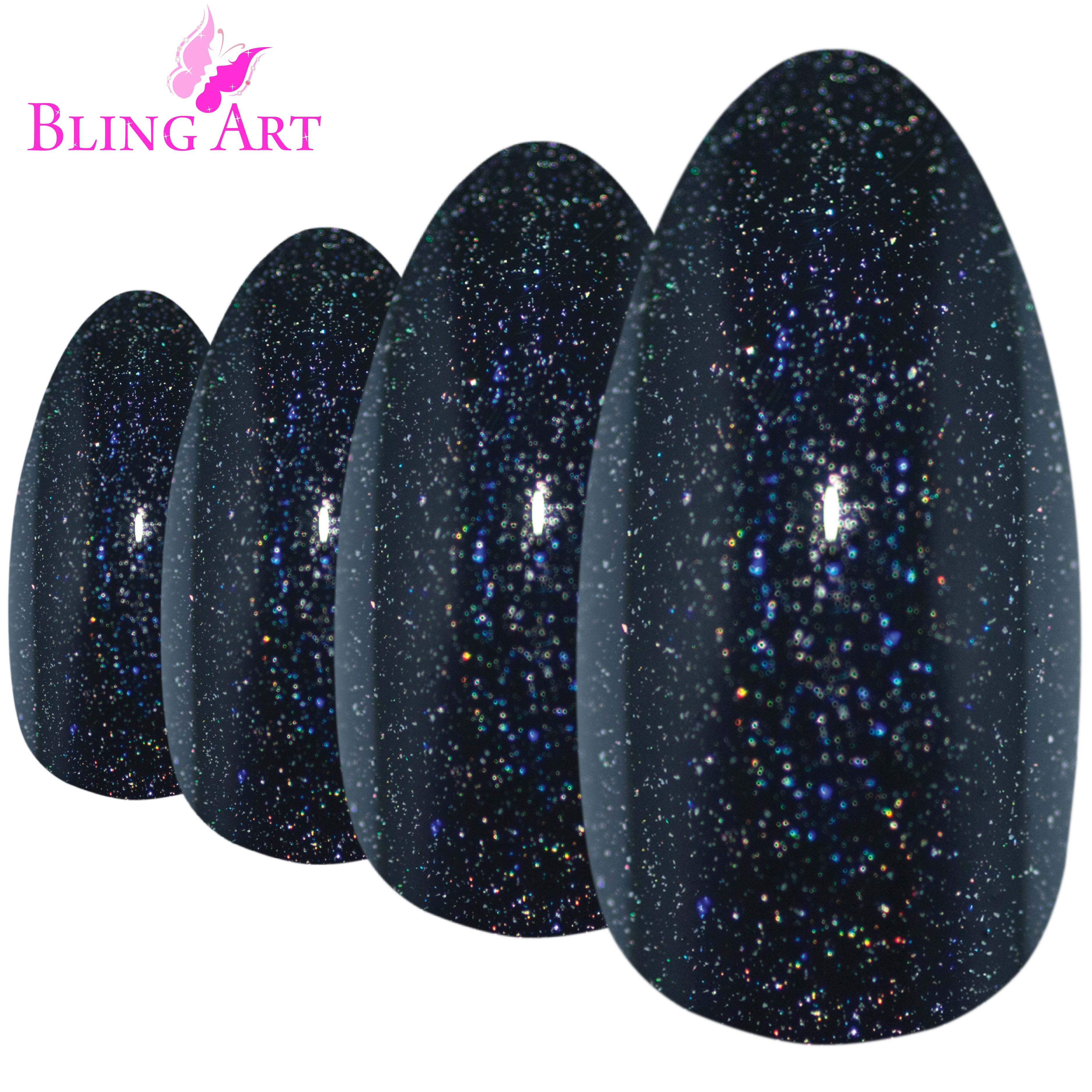 Black gel almond stiletto Bling Art press-on nails — worn-hand close-up showing the jet-black gel coat on long pointed almond stiletto tips.