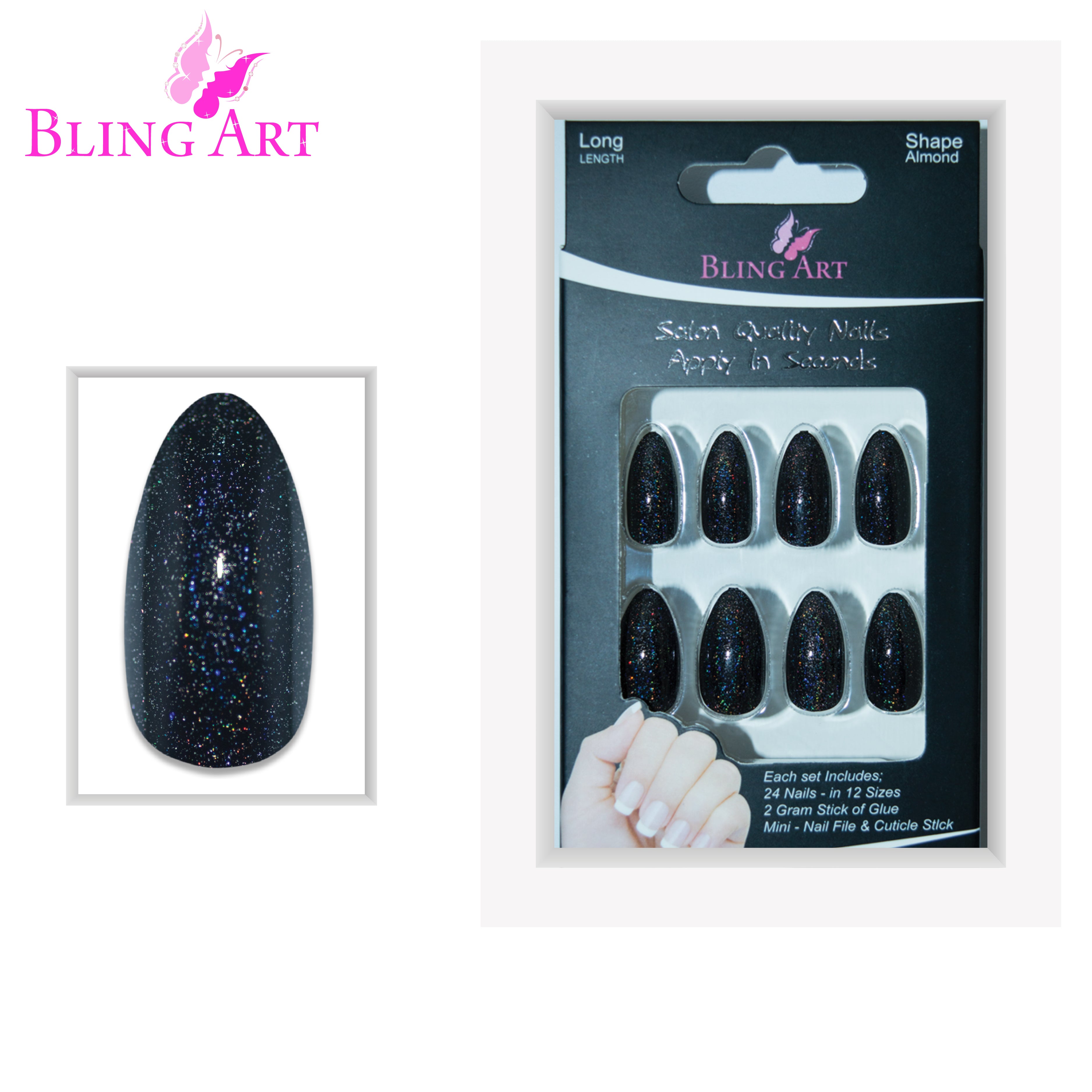 Black gel almond stiletto Bling Art press-on nails — lifestyle context shot showing the sleek jet-black high-shine finish.