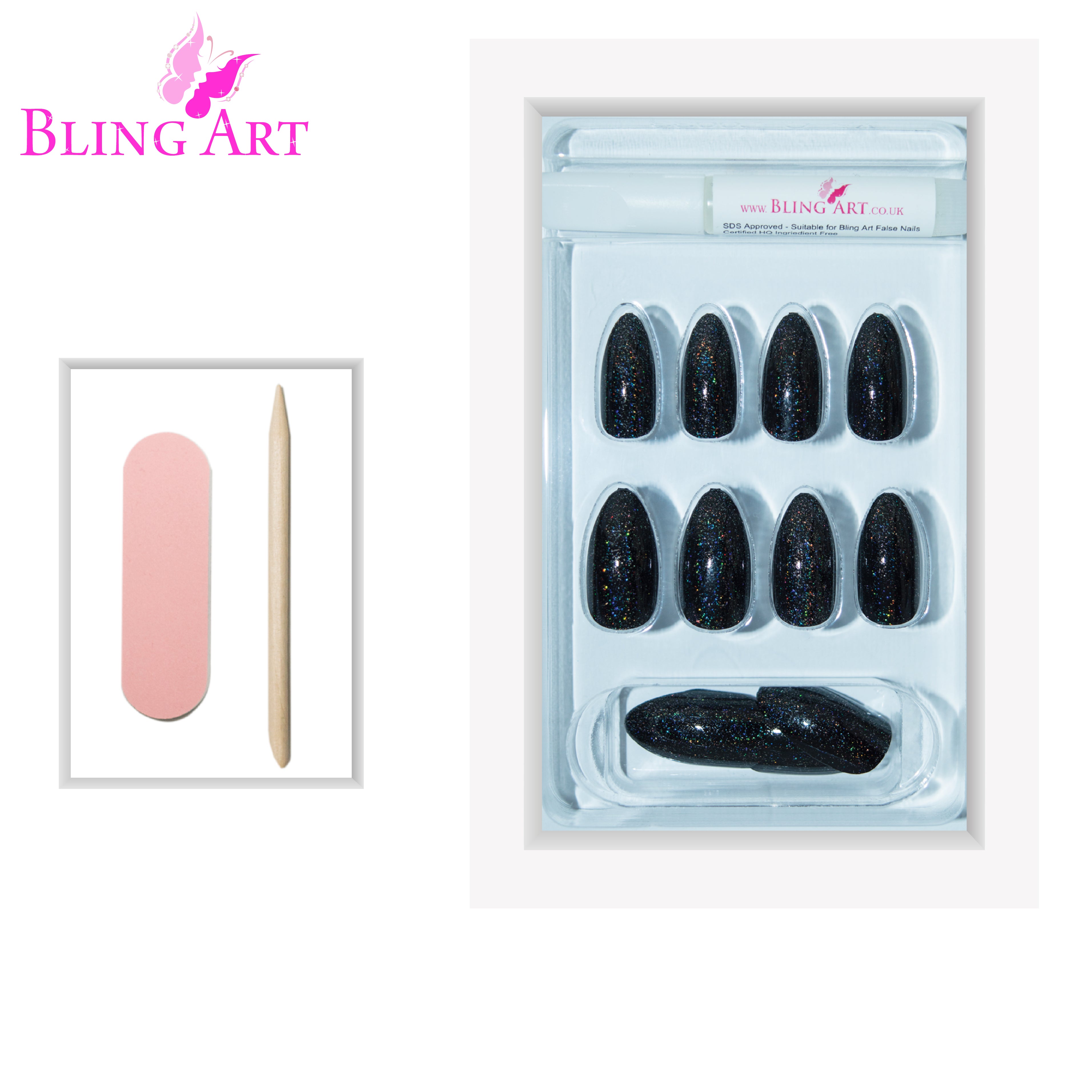 Bling Art Black gel almond stiletto press-on nail set packaging — 24 nails, 12 sizes XS-XXL, file and cuticle stick included. Glue not included.
