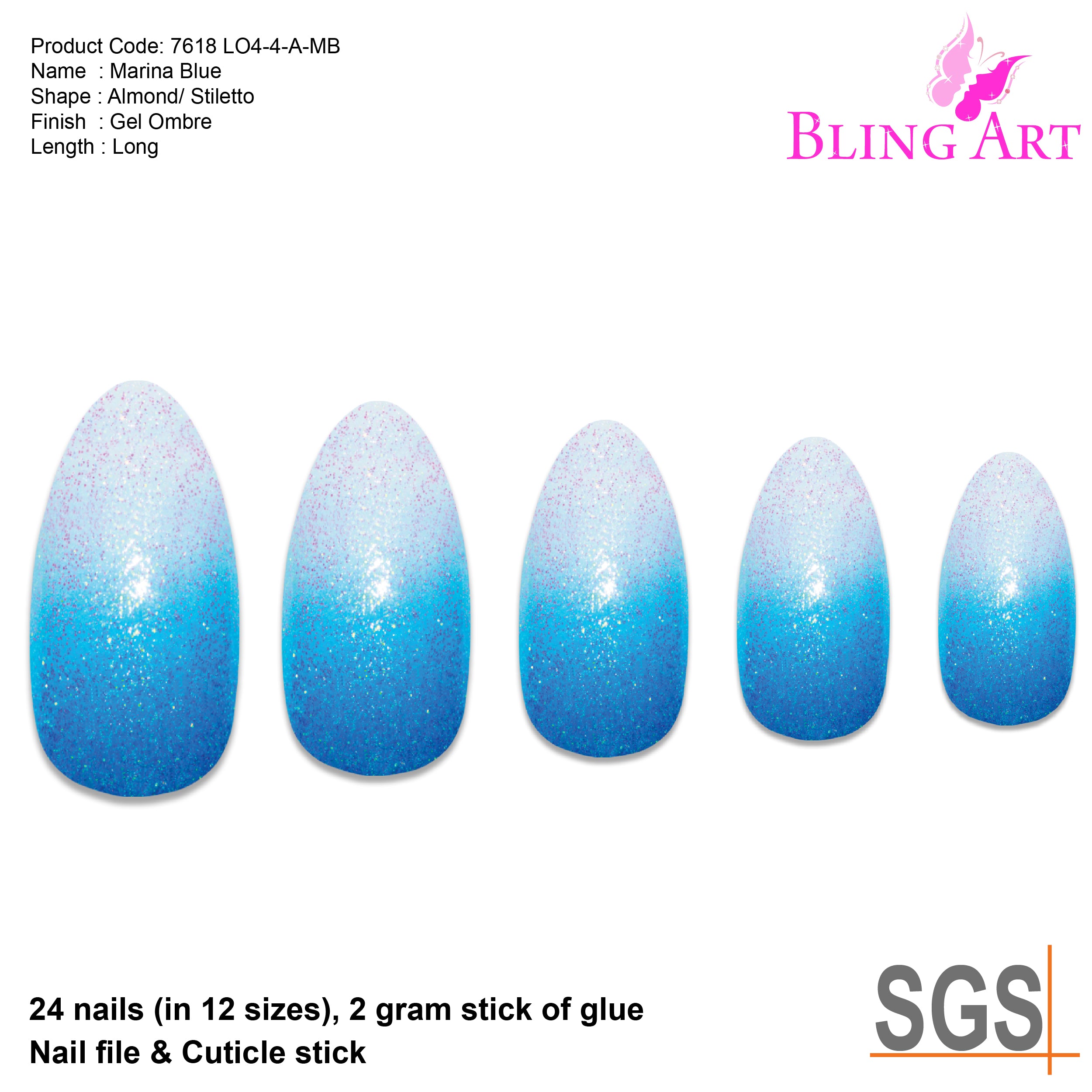 False Nails by Bling Art Blue Gel Ombre Almond Stiletto Fake Long Tips