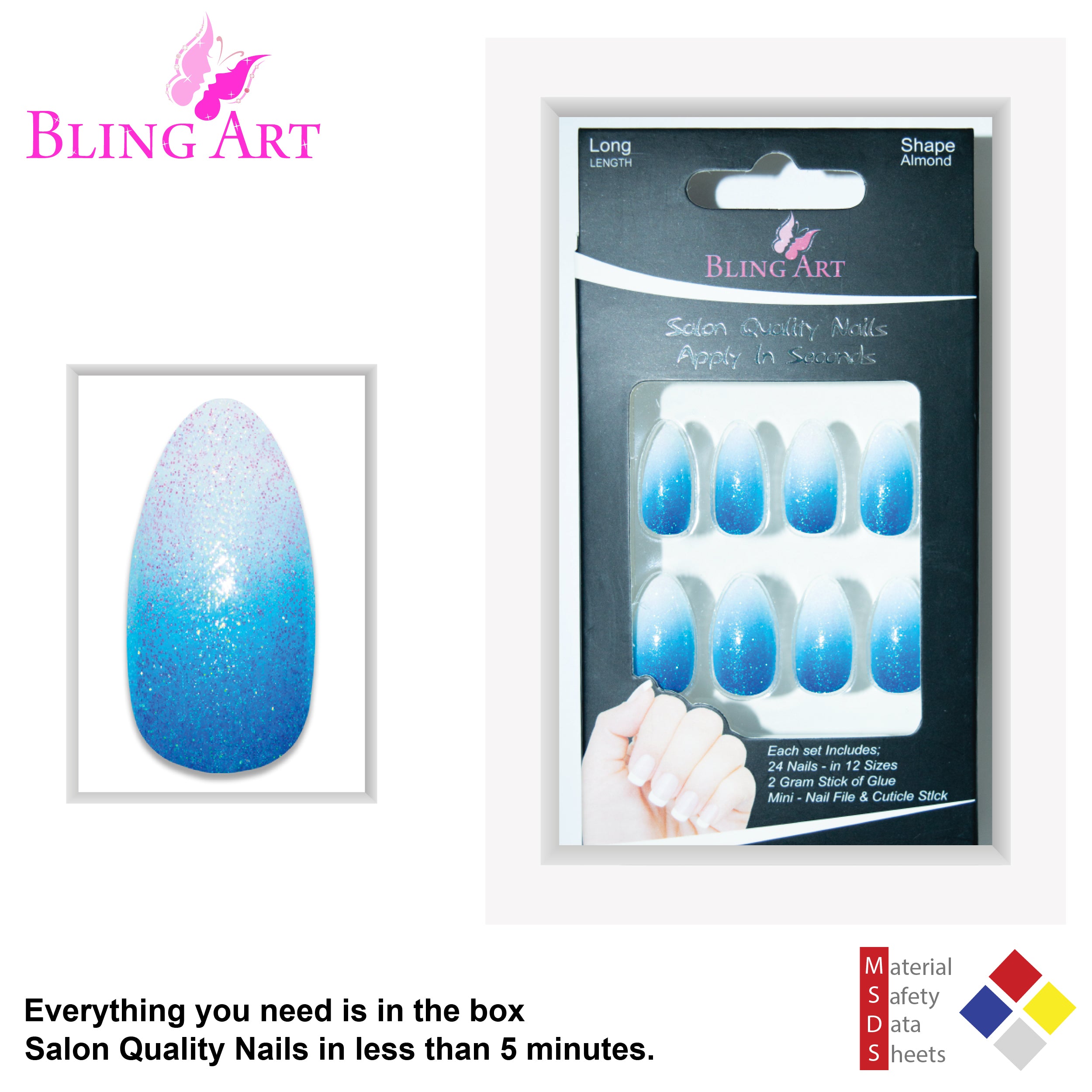 False Nails by Bling Art Blue Gel Ombre Almond Stiletto Fake Long Tips