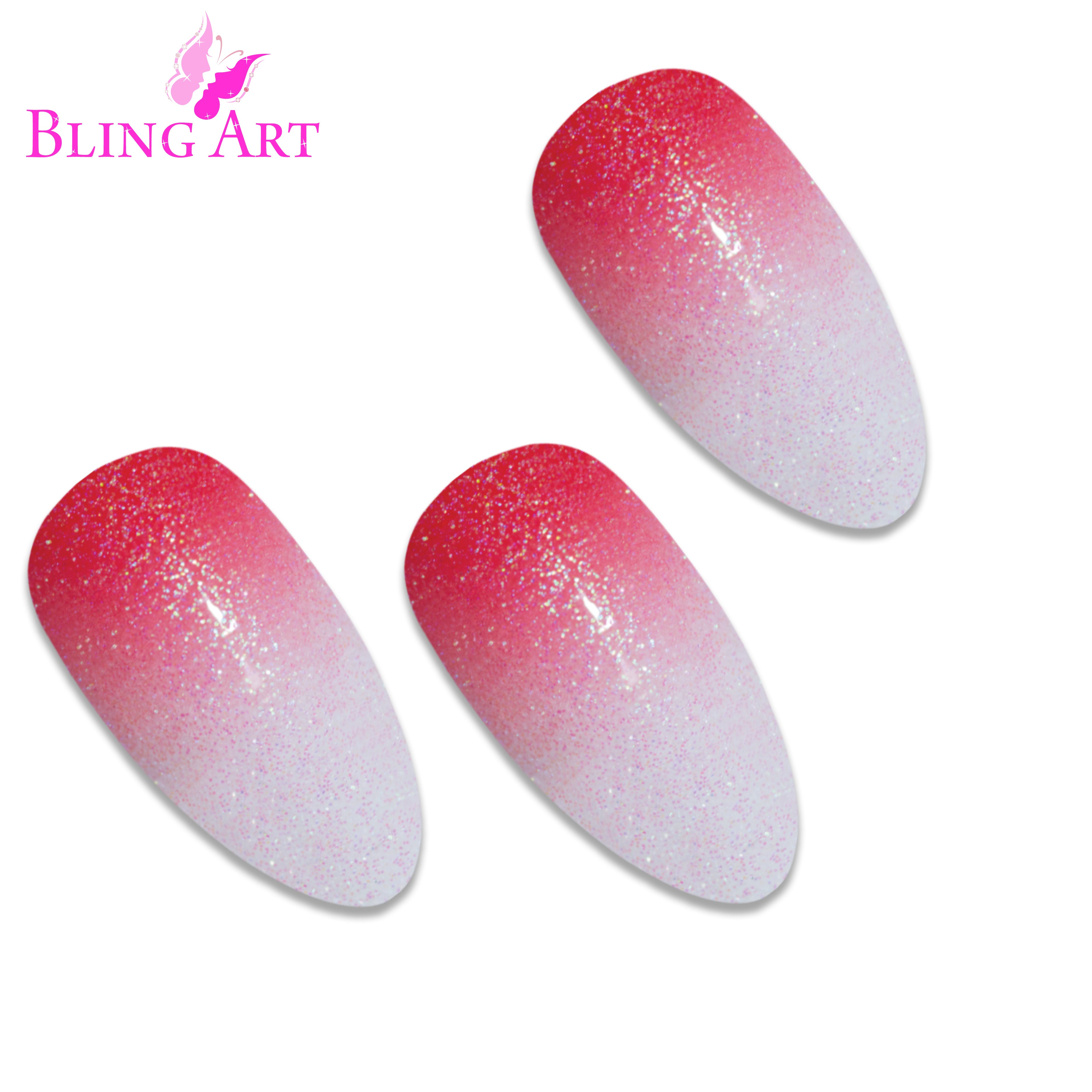 Red gel ombre almond stiletto Bling Art press-on nails — full-hand reveal showing all 24 nails for date nights and Valentine's.
