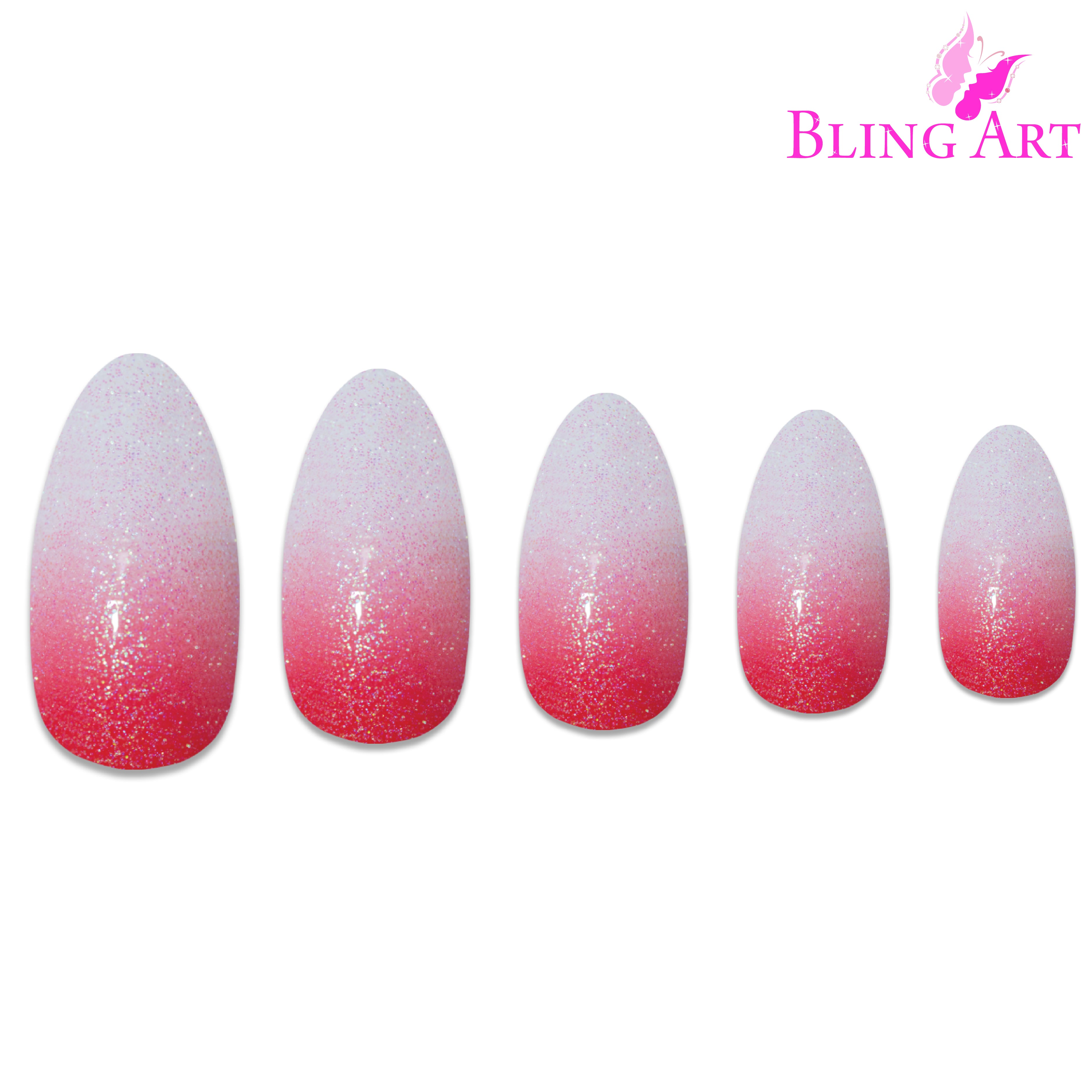 Red gel ombre almond stiletto Bling Art press-on nails — worn-hand close-up showing the crimson-to-clear gradient on long pointed almond stiletto tips.
