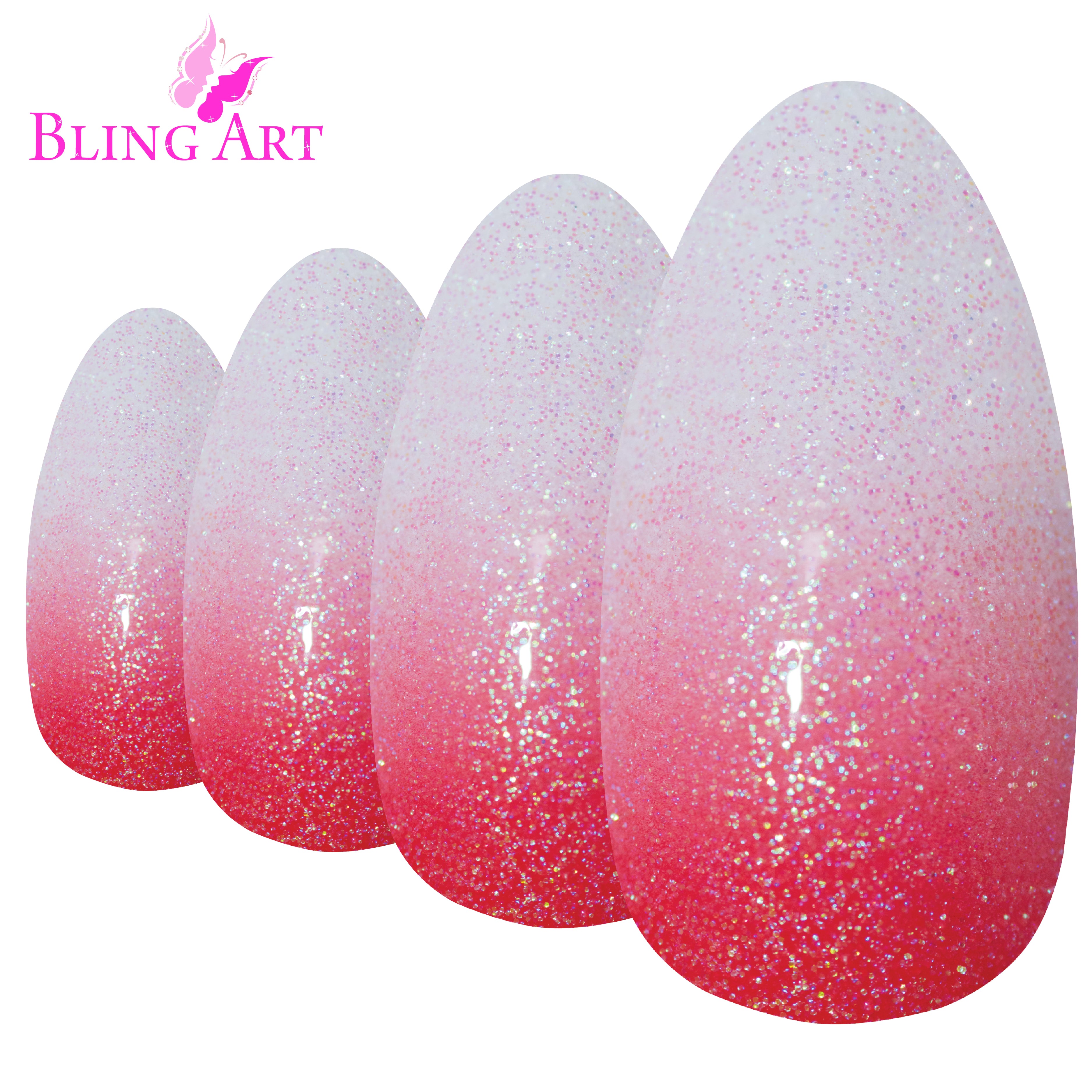 Bling Art Red gel ombre almond stiletto press-on nail set packaging — 24 nails, 12 sizes XS-XXL, file and cuticle stick included. Glue not included.