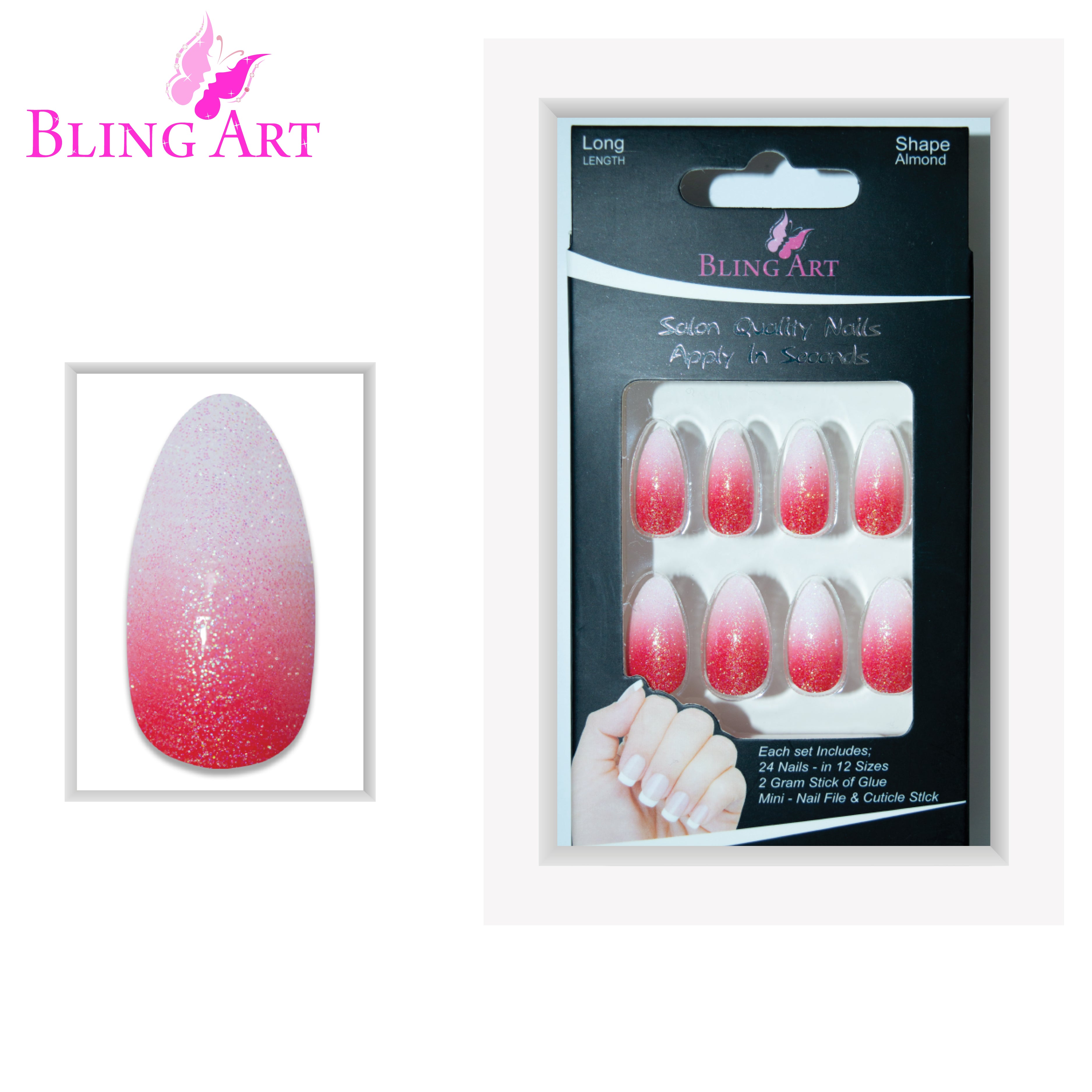 Red gel ombre almond stiletto Bling Art press-on nails — lifestyle context shot showing the bold crimson gradient finish.