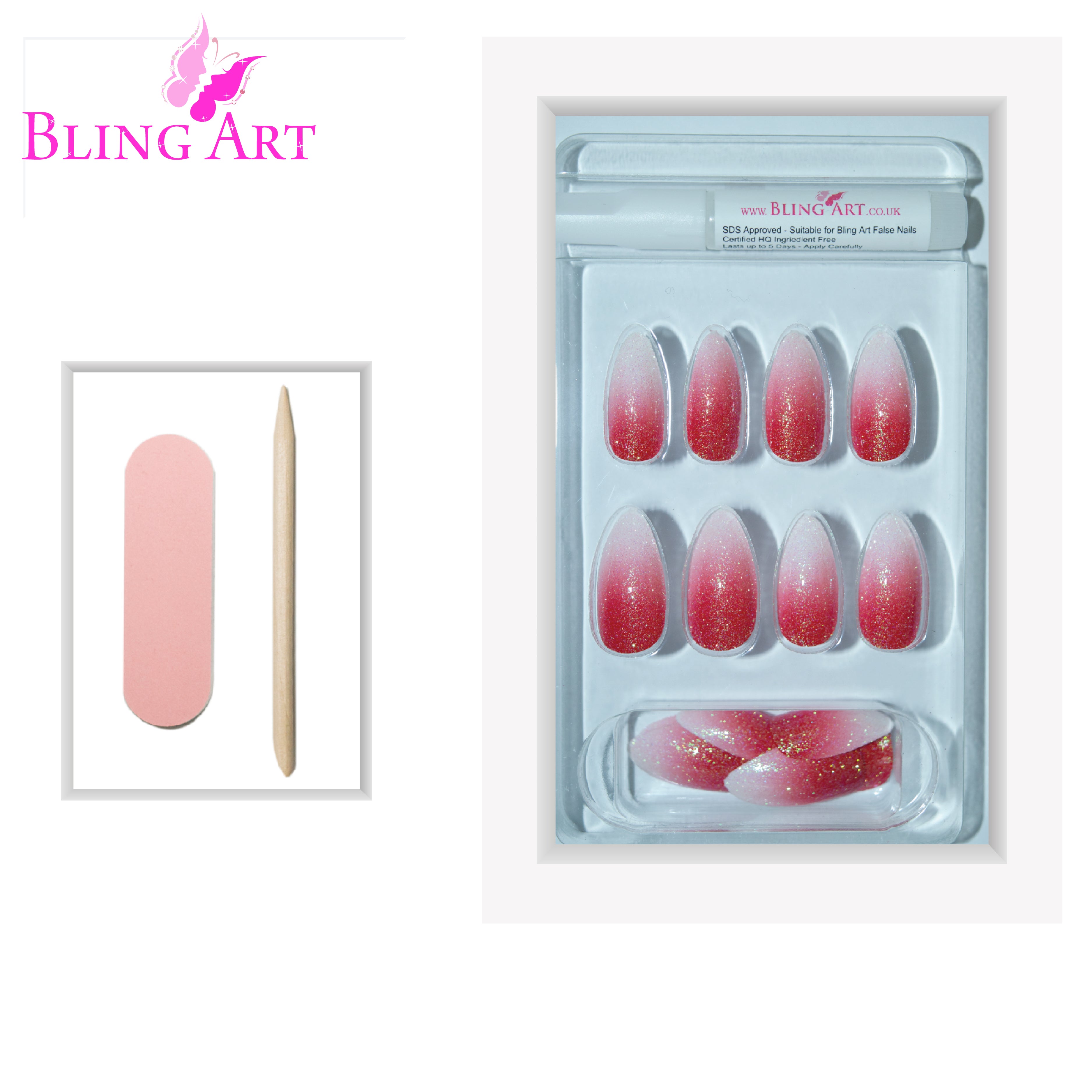 Red gel ombre almond stiletto Bling Art press-on nails — alternative angle revealing the ombre transition on the long almond stiletto shape.
