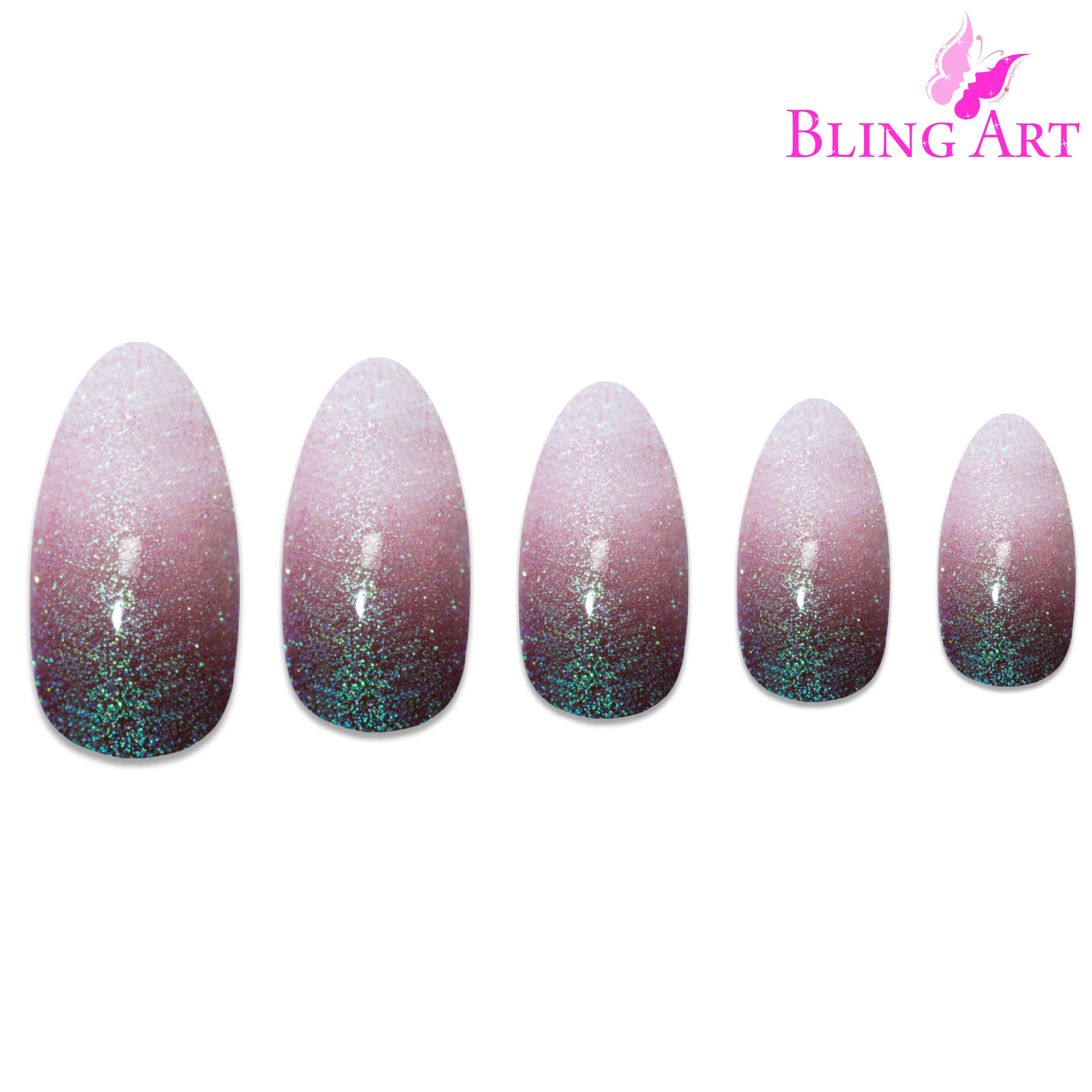 Red Brown gel ombre almond stiletto Bling Art press-on nails — lifestyle context shot showing the warm chestnut gradient.
