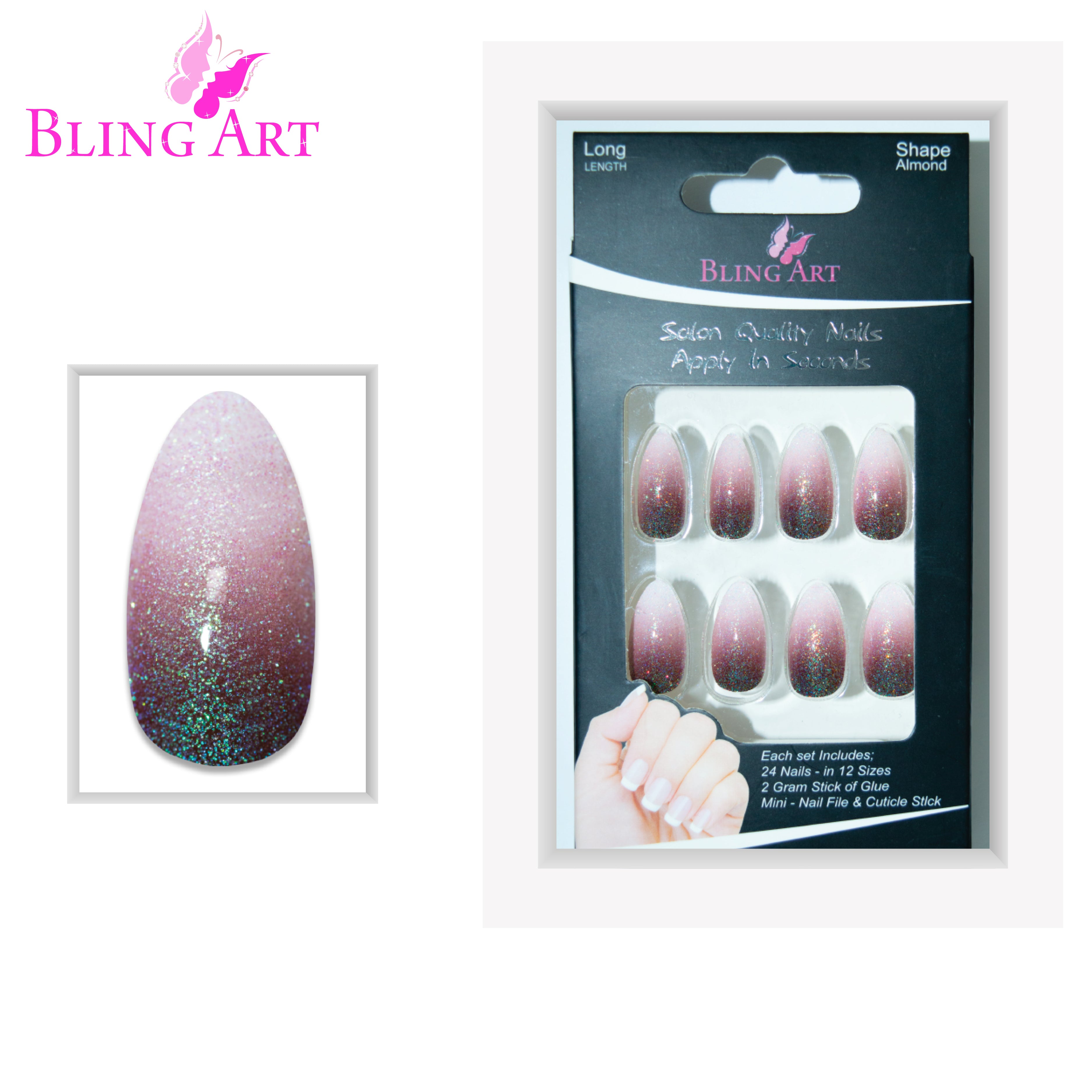 Red Brown gel ombre almond stiletto Bling Art press-on nails — alternative angle revealing the ombre transition on the long almond stiletto shape.
