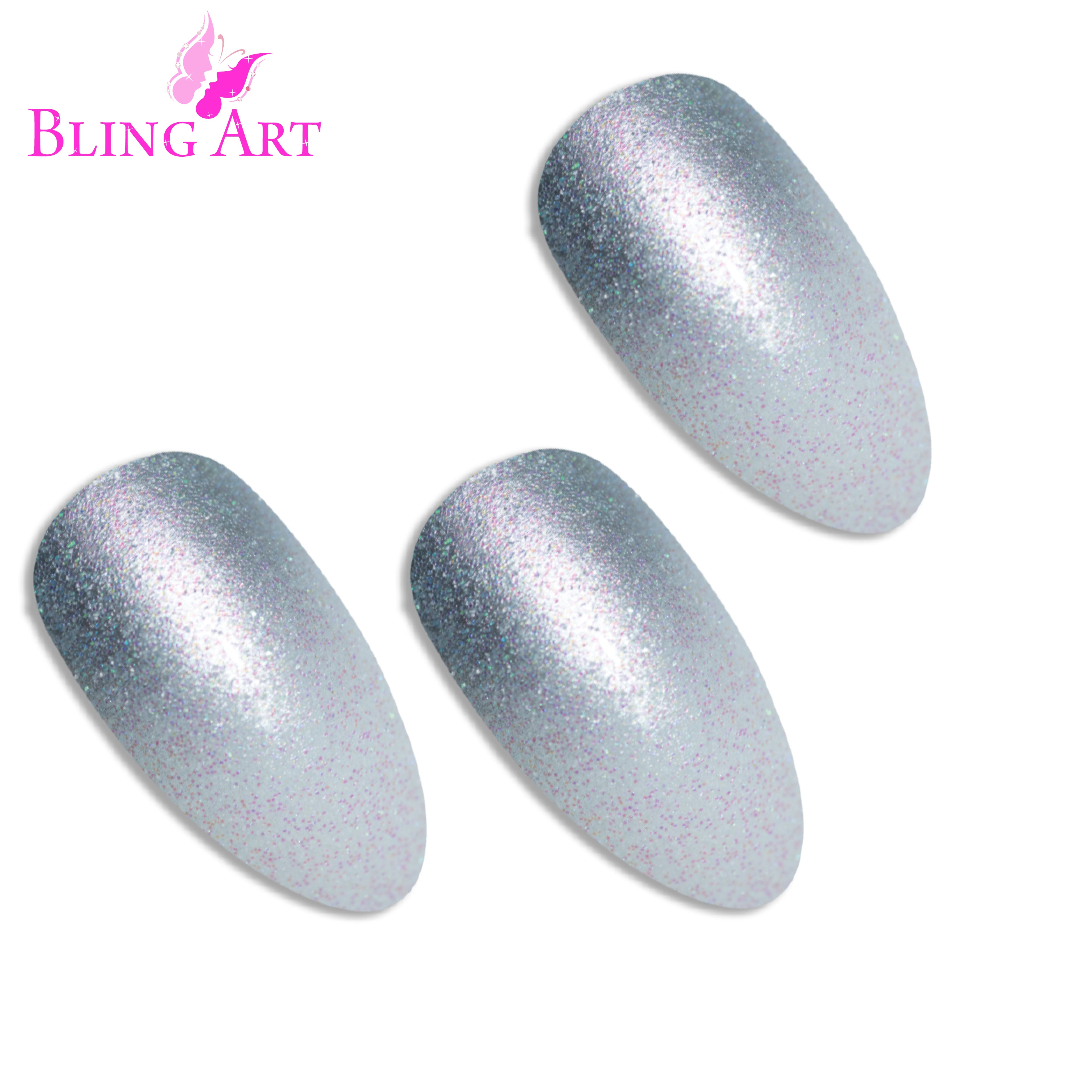 Silver gel ombre almond stiletto Bling Art press-on nails — worn-hand close-up showing the chrome silver gradient on long pointed almond stiletto tips. Almond = Stiletto (same shape).