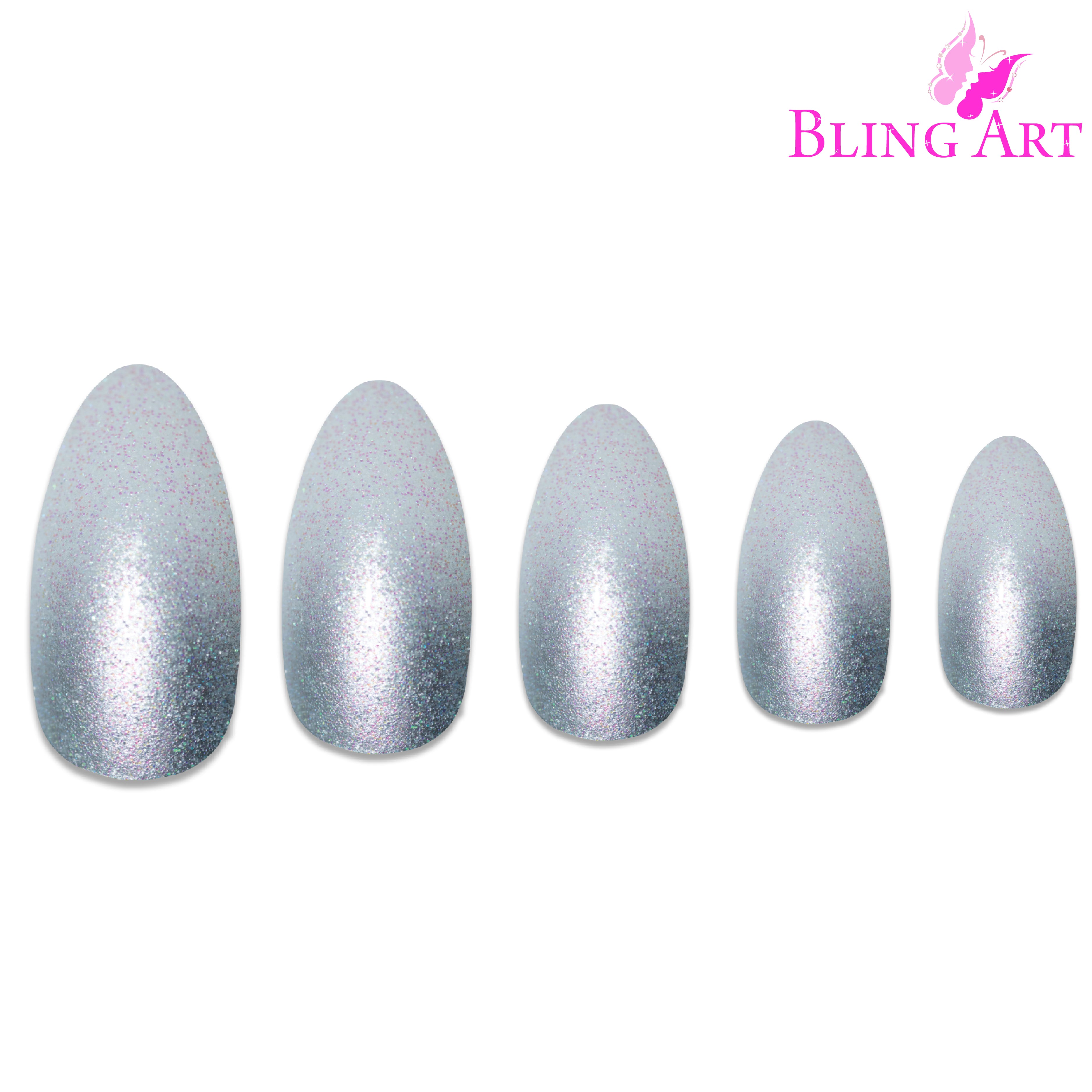 Silver gel ombre almond stiletto Bling Art press-on nails — alternative angle revealing the ombre transition on the long almond stiletto shape.