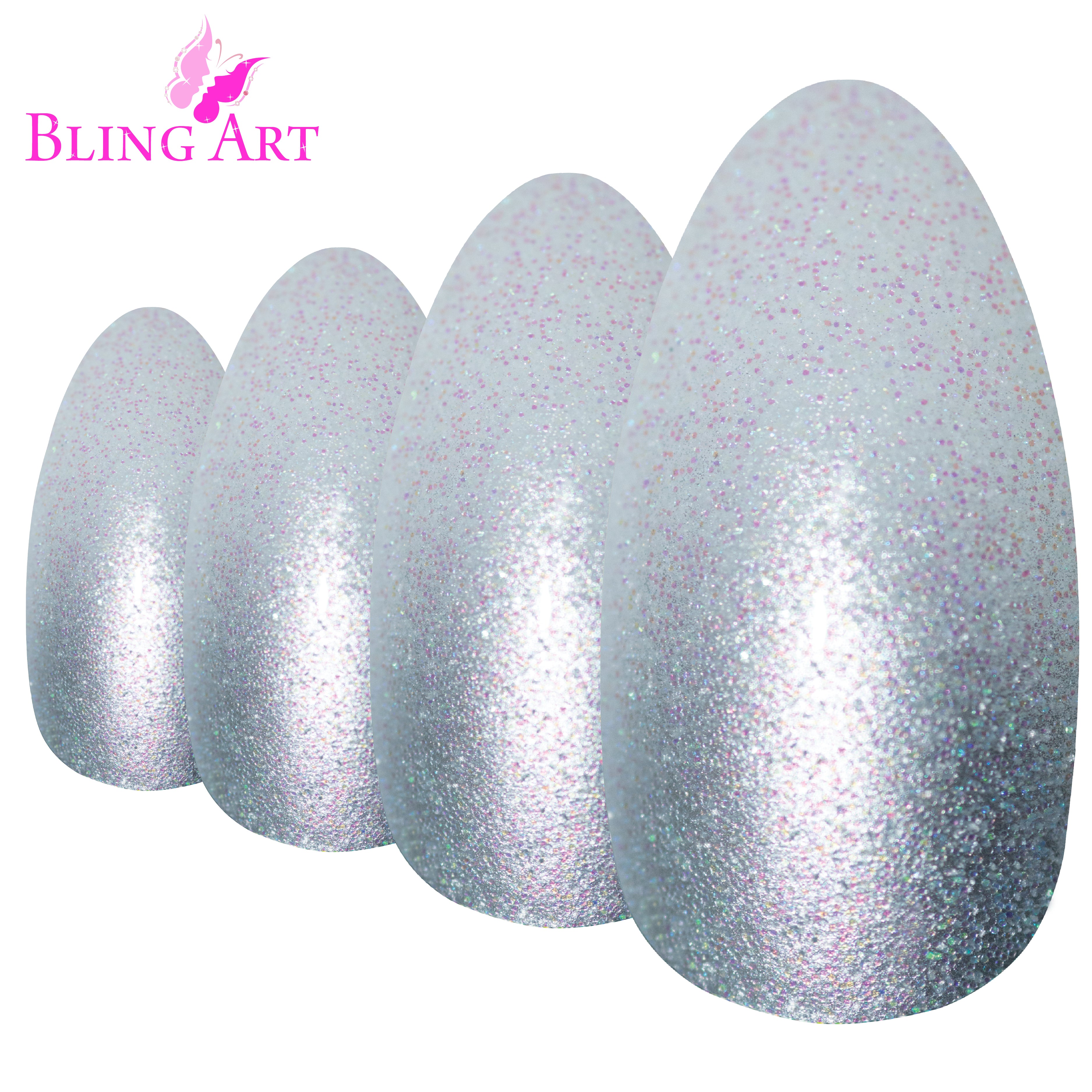 Bling Art Silver gel ombre almond stiletto press-on nail set packaging — 24 nails, 12 sizes XS-XXL, file and cuticle stick included. Glue not included.