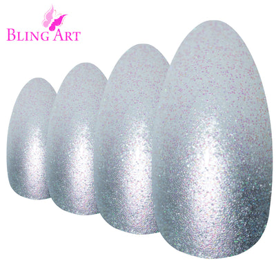 Cool chrome silver gel-ombre almond stiletto long press-on false nails by Bling Art — sleek metallic gradient for parties, Christmas, and editorial looks · smooth silver-to-clear ombre transition with glossy gel coat · long almond stiletto tips · 24 nails per set with adhesive · designed in Yorkshire