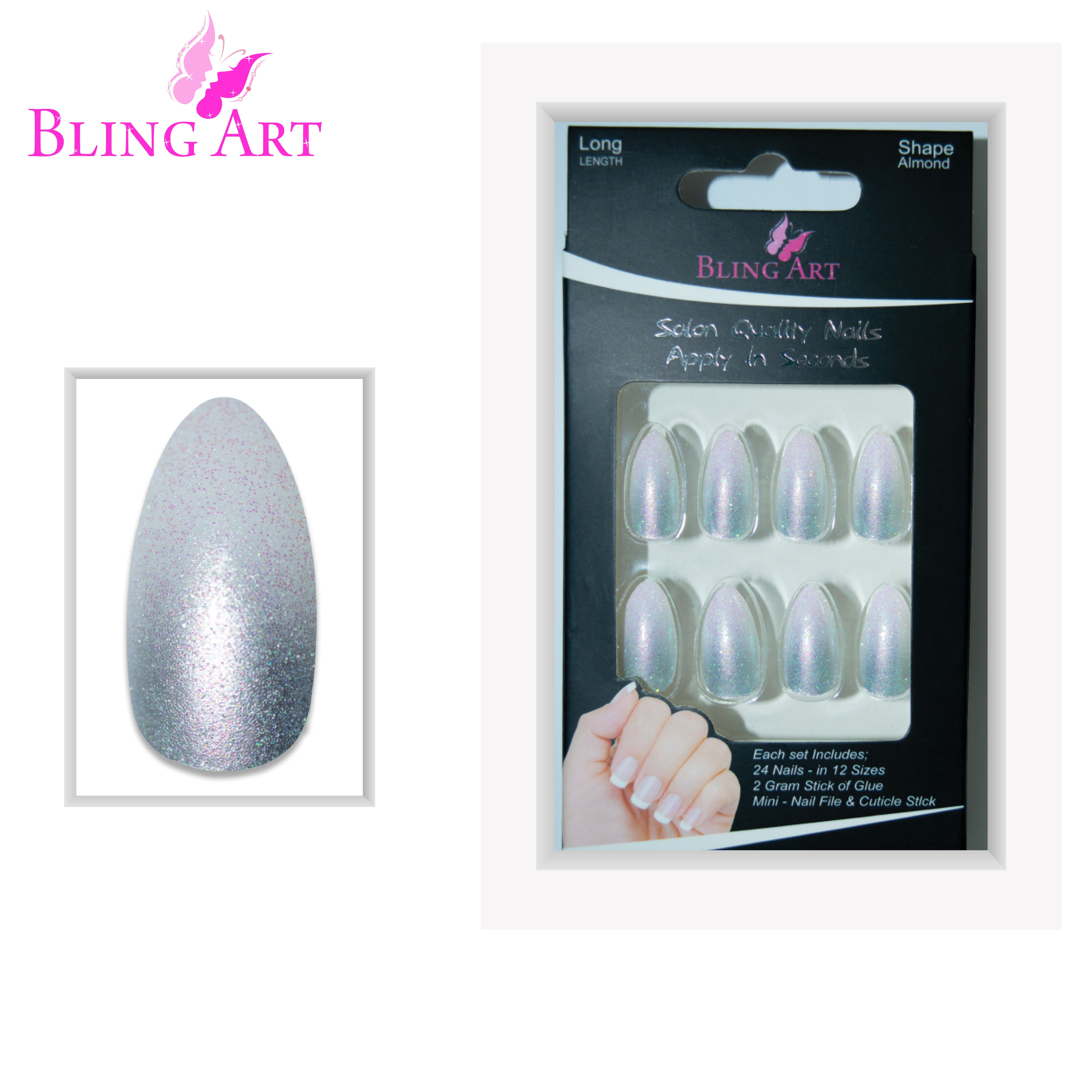 Silver gel ombre almond stiletto Bling Art press-on nails — full-hand reveal showing all 24 nails for parties and Christmas events.