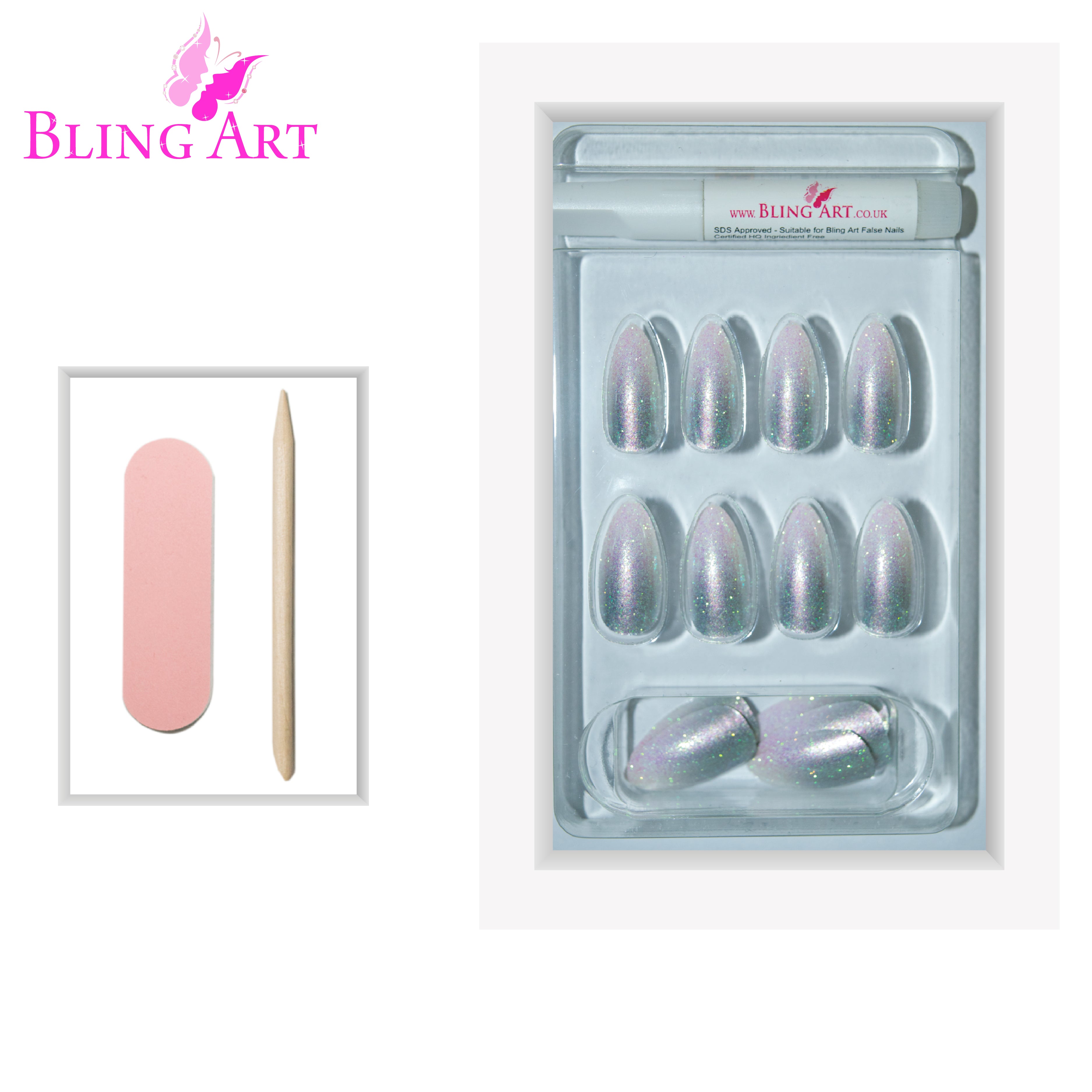 Silver gel ombre almond stiletto Bling Art press-on nails — lifestyle context shot showing the sleek chrome silver gradient.