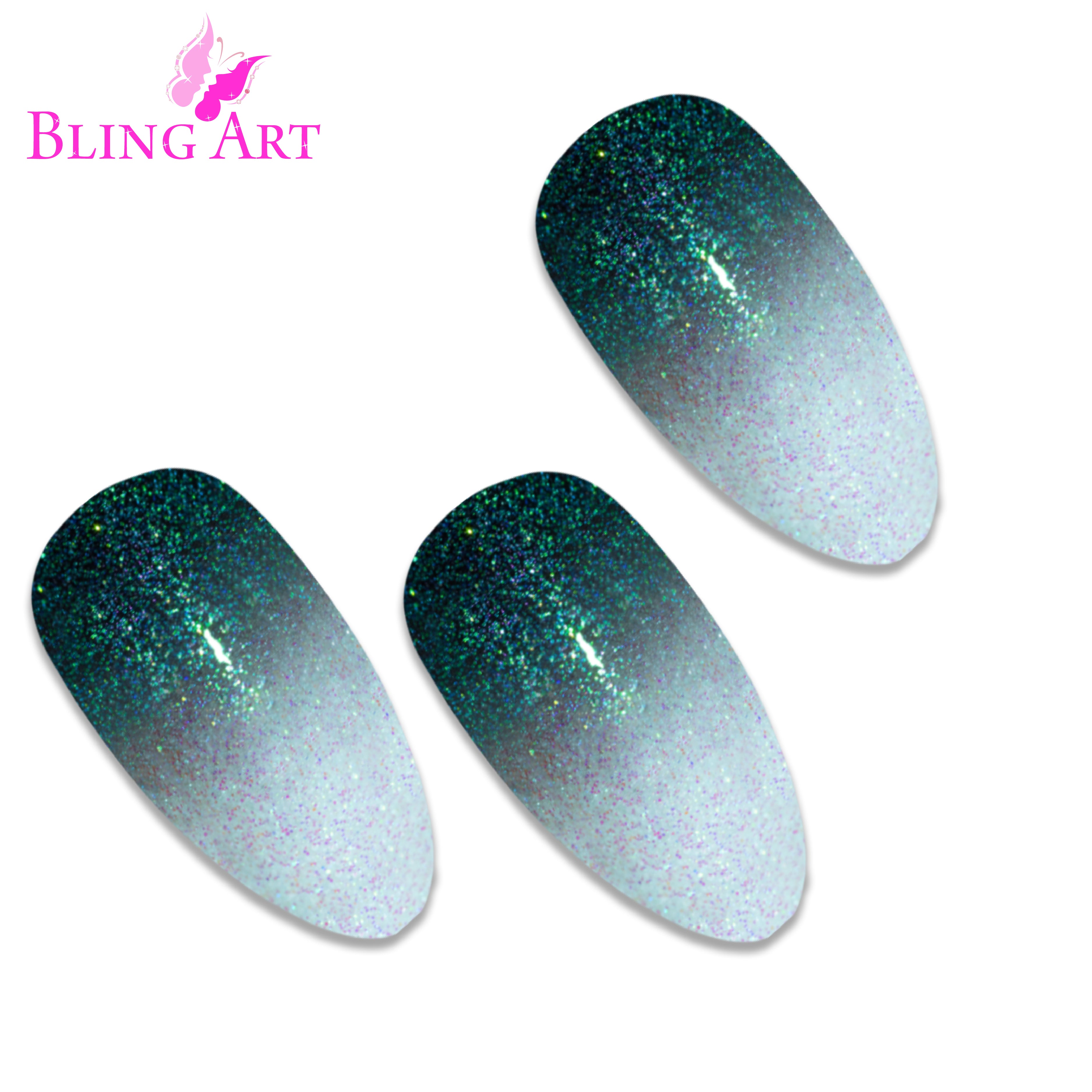 Black gel ombre almond stiletto Bling Art press-on nails — worn-hand close-up showing the black-to-clear gradient on long pointed almond stiletto tips.