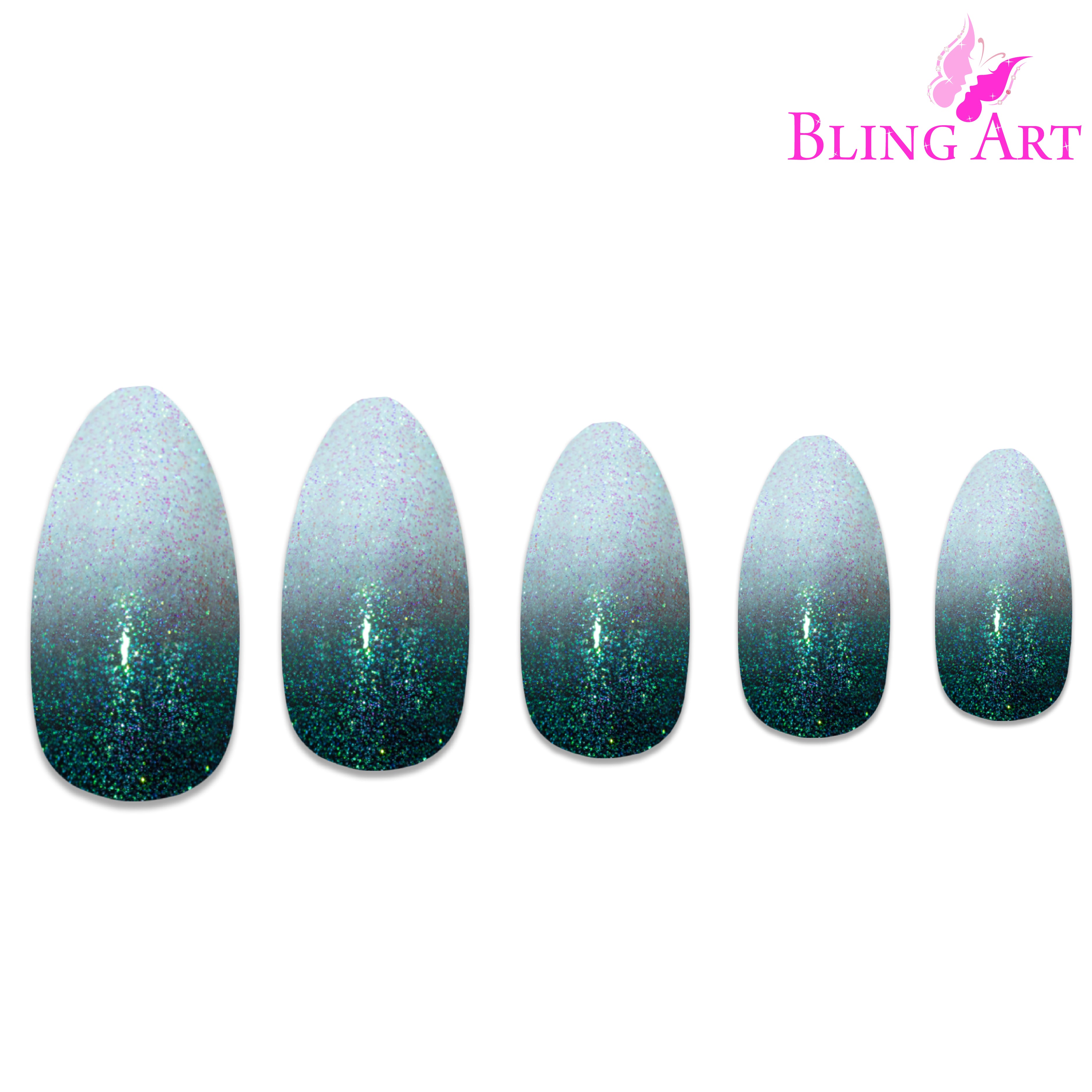 Black gel ombre almond stiletto Bling Art press-on nails — alternative angle revealing the ombre transition on the long almond stiletto shape.