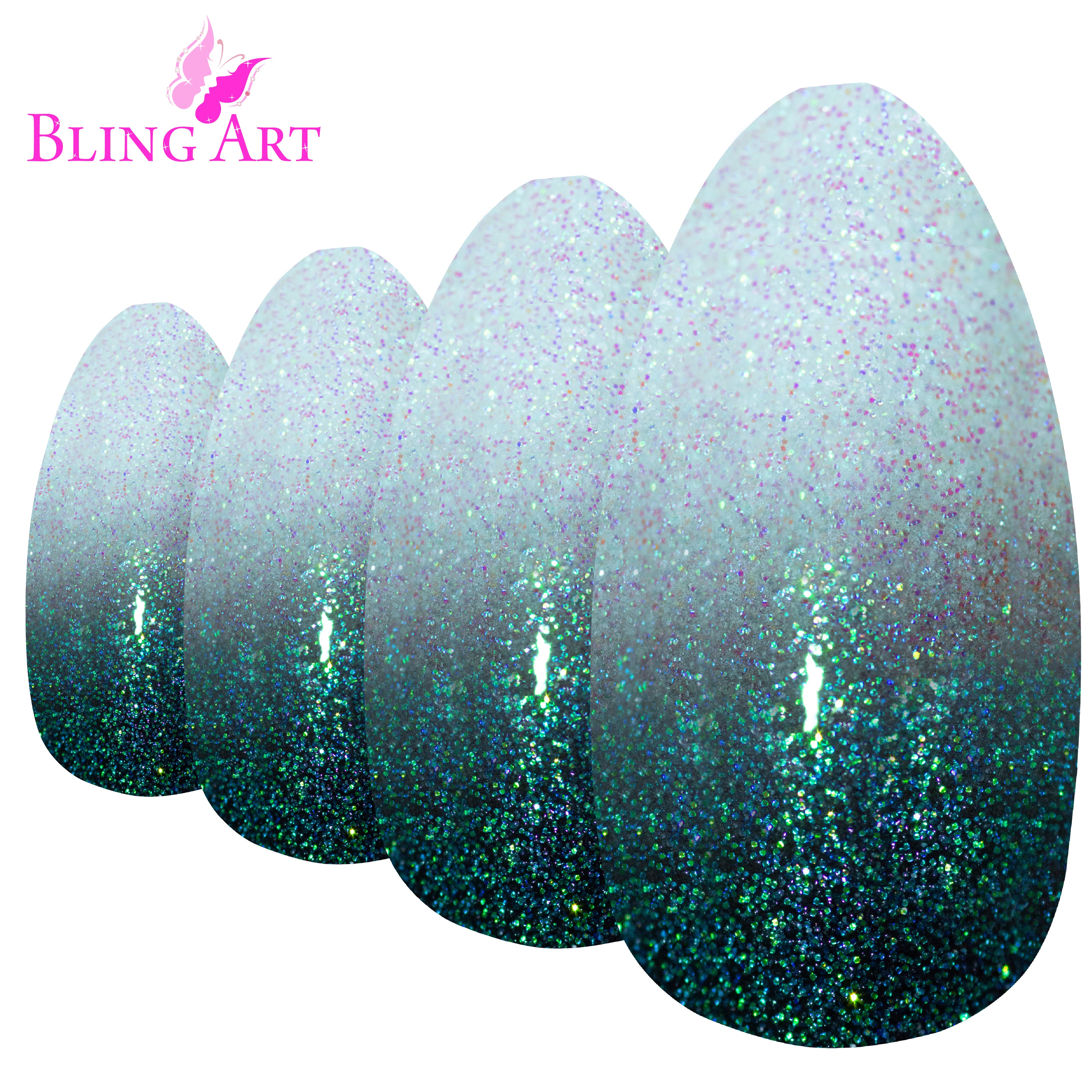 Black gel ombre almond stiletto Bling Art press-on nails — lifestyle context shot showing the dramatic black gradient finish.