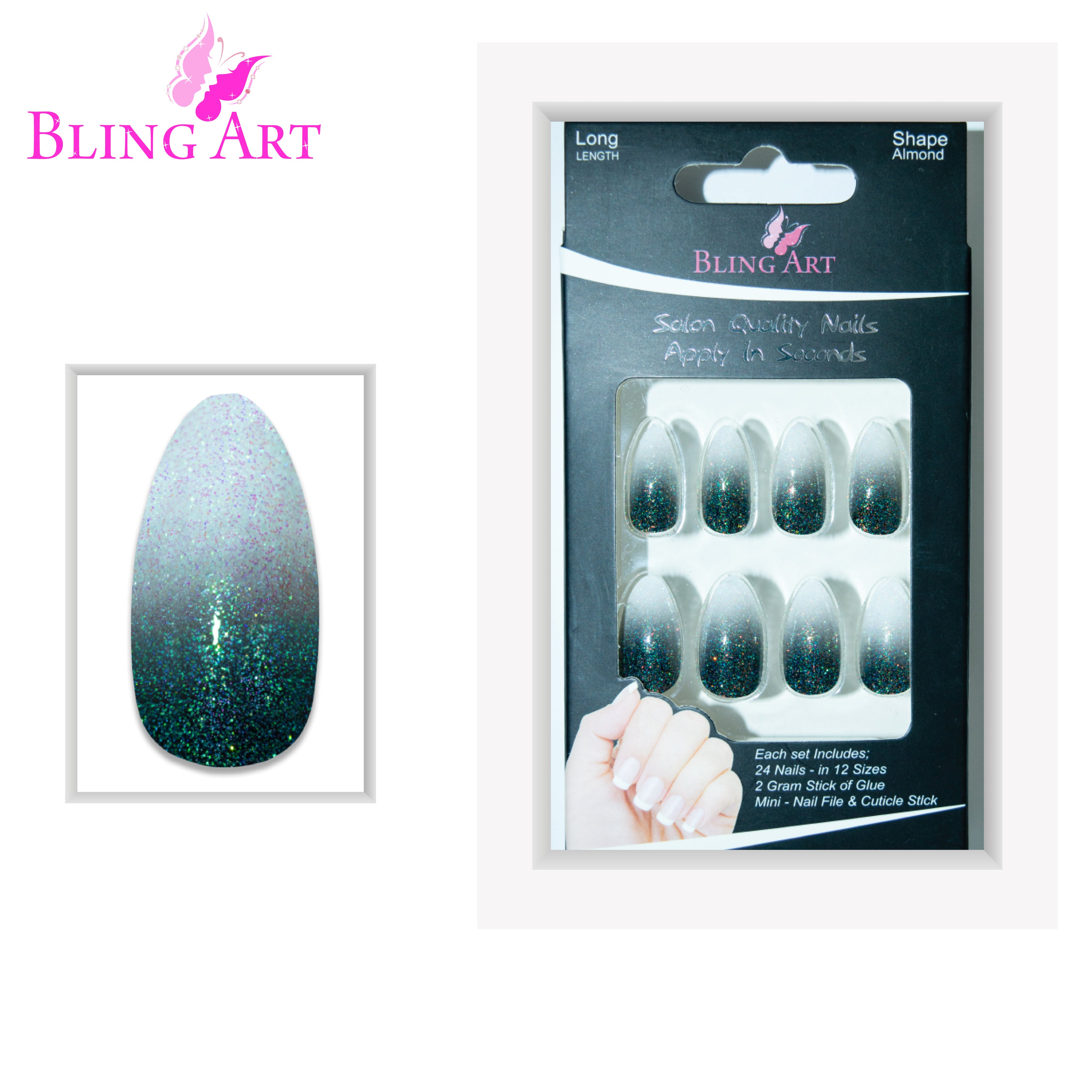 Black gel ombre almond stiletto Bling Art press-on nails — full-hand reveal showing all 24 nails for parties, NYE and statement events.