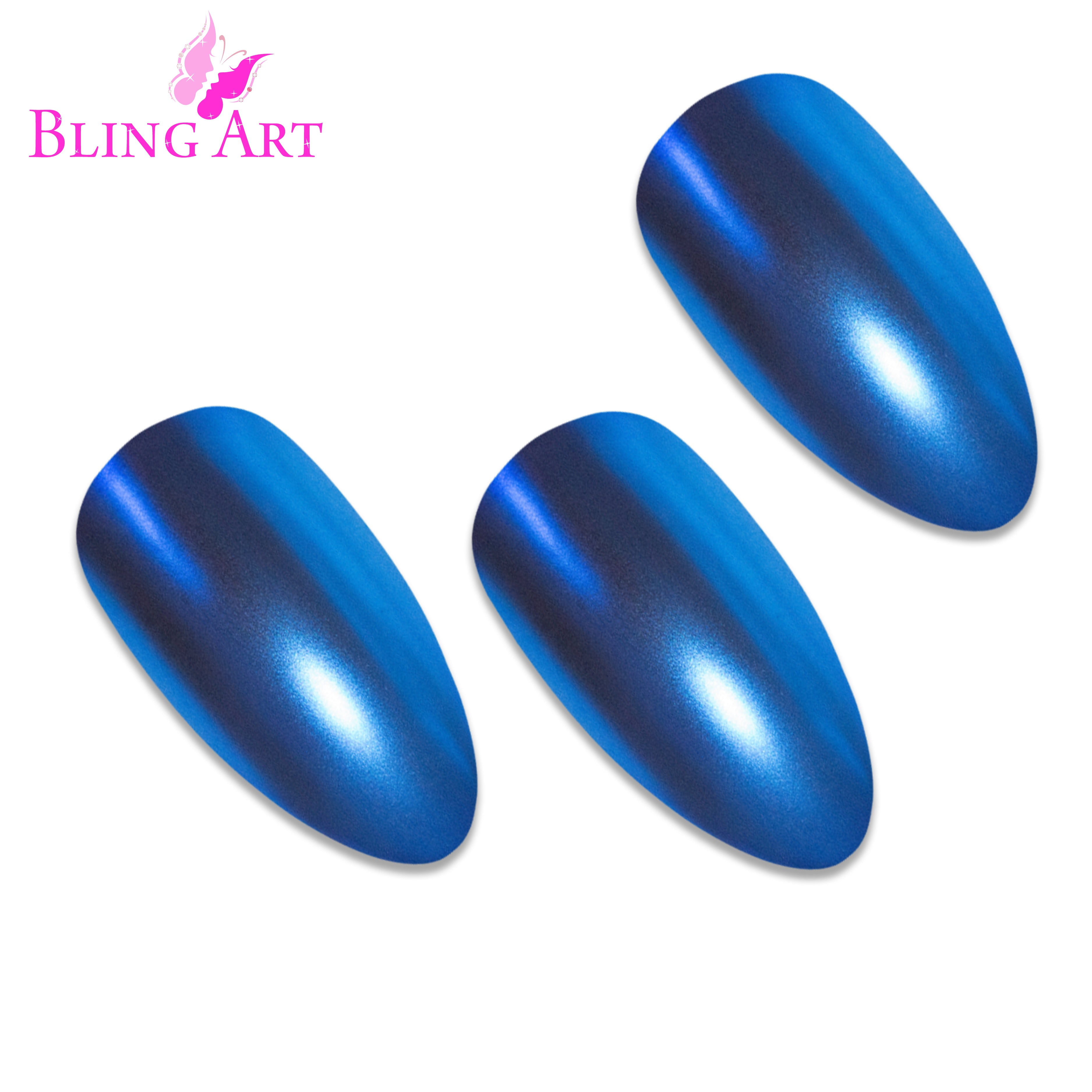 Blue matte metallic almond stiletto Bling Art press-on nails — lifestyle context shot showing the bold ocean-blue chrome-matte finish.