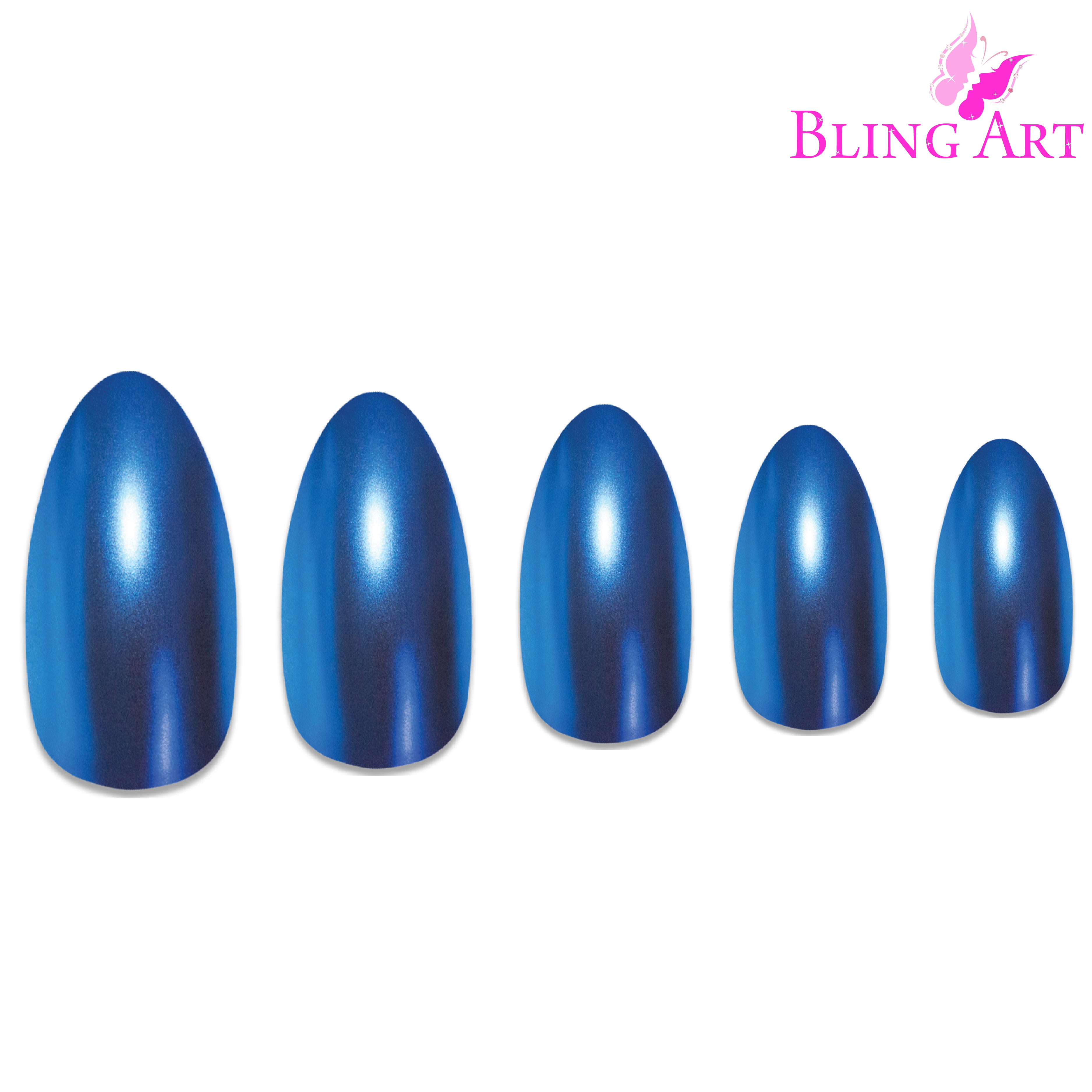 Blue matte metallic almond stiletto Bling Art press-on nails — worn-hand close-up showing the ocean-blue chrome-matte on long pointed almond stiletto tips. Almond = Stiletto (same shape).