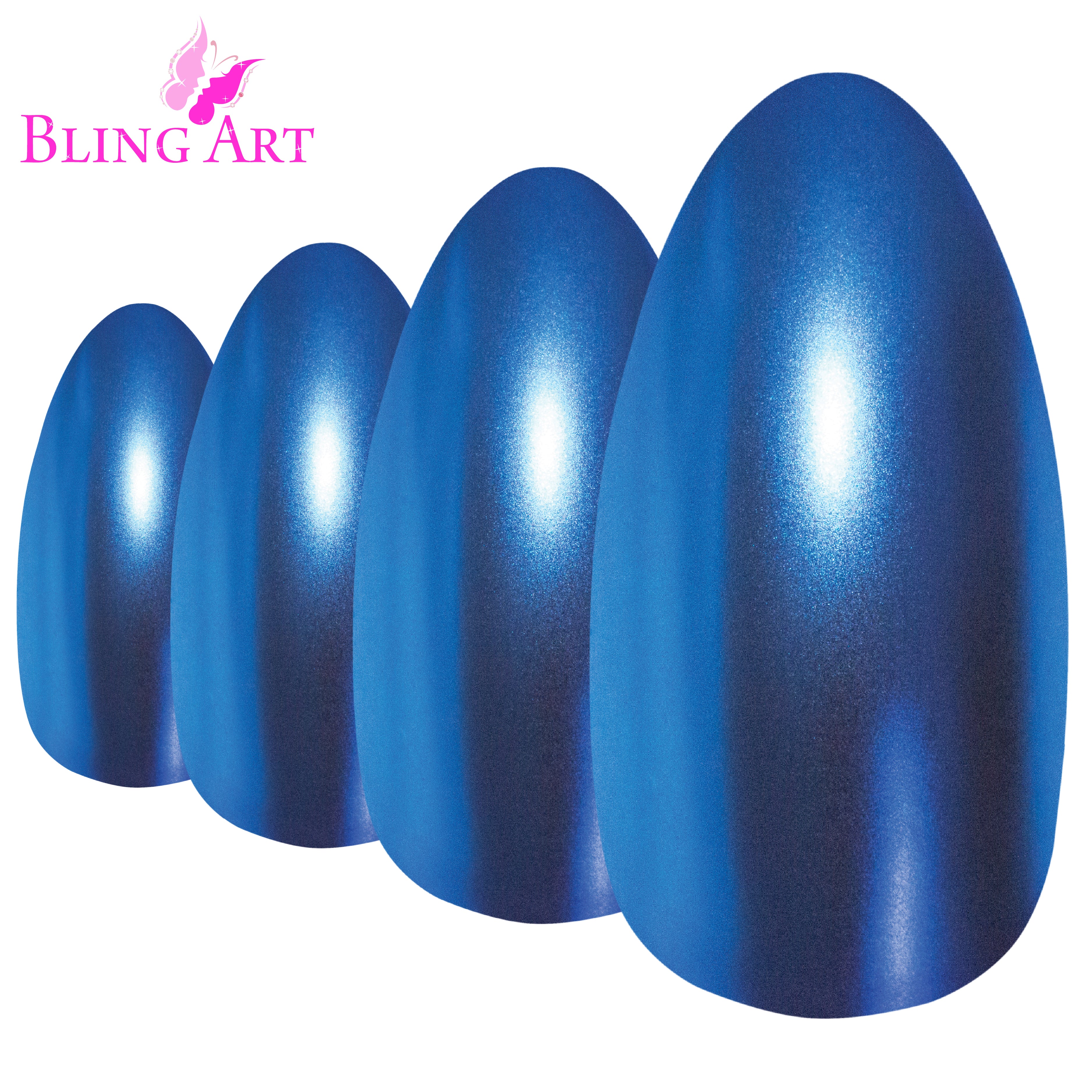 Bling Art Blue matte metallic almond stiletto press-on nail set packaging — 24 nails, 12 sizes XS-XXL, file and cuticle stick included. Glue not included.