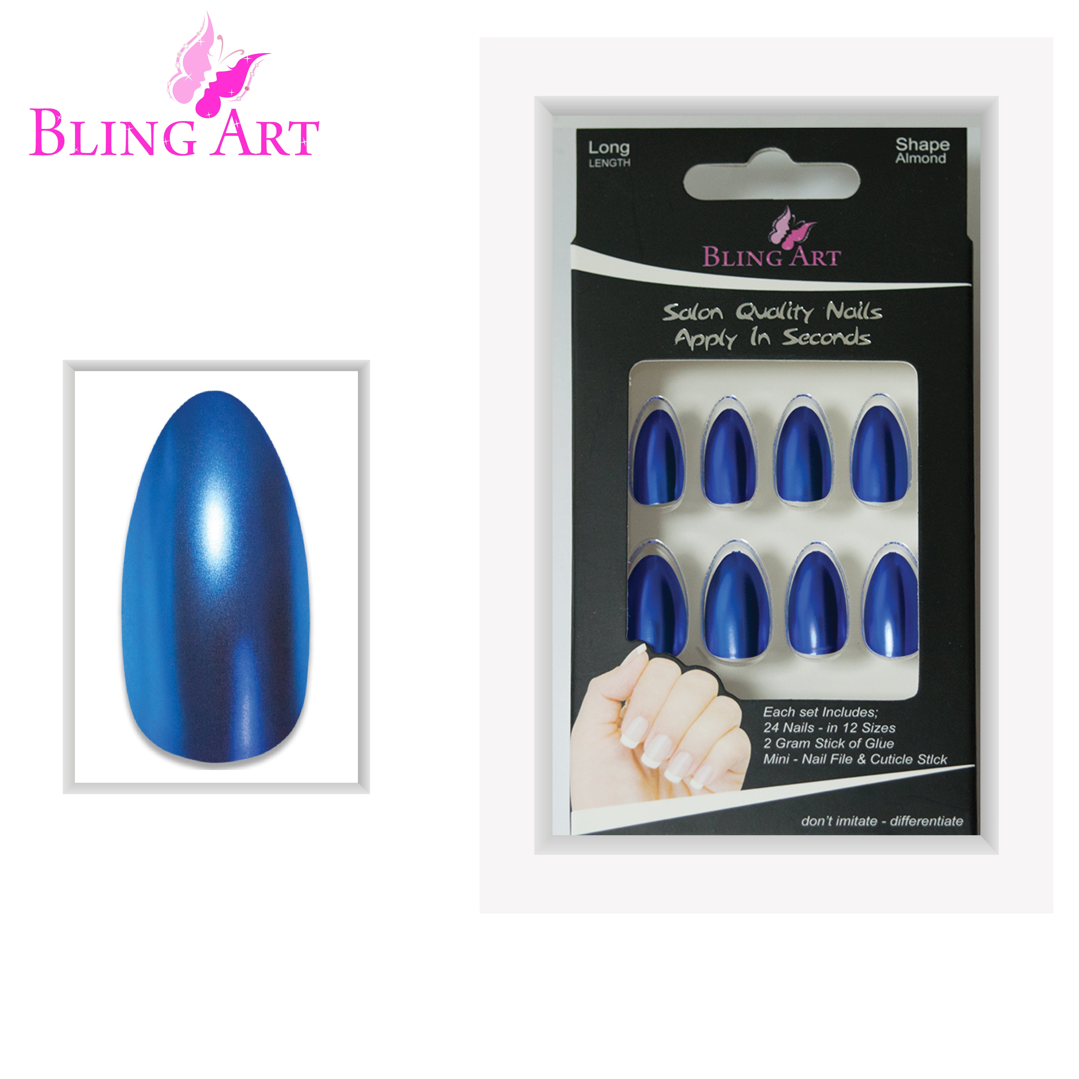 Blue matte metallic almond stiletto Bling Art press-on nails — alternative angle revealing the bond line on the long almond stiletto shape.