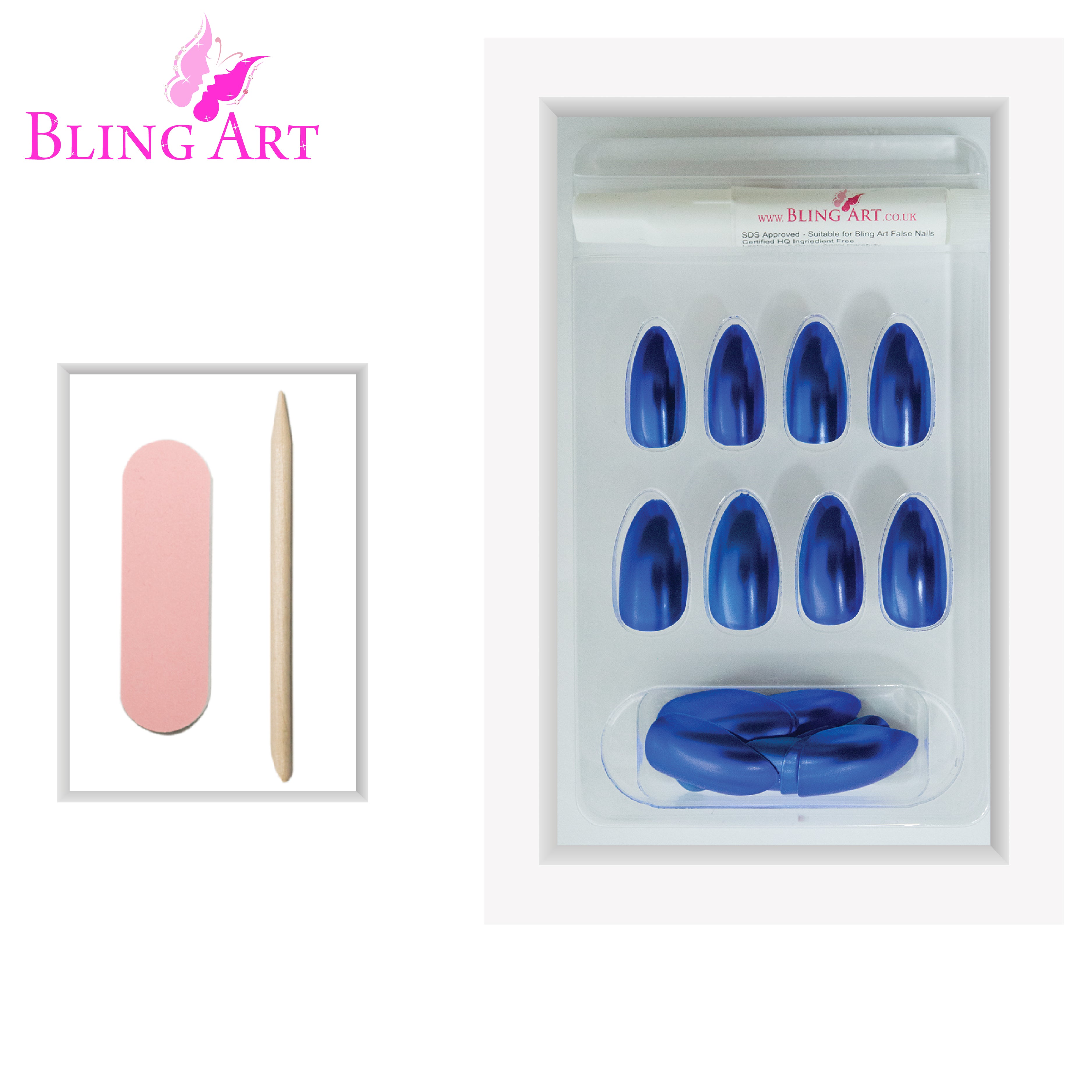 Blue matte metallic almond stiletto Bling Art press-on nails — full-hand reveal showing all 24 nails for festivals and statement events.