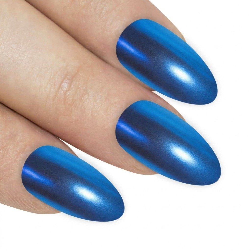 False Nails by Bling Art Blue Matte Metallic Almond Stiletto Fake Acrylic Tips