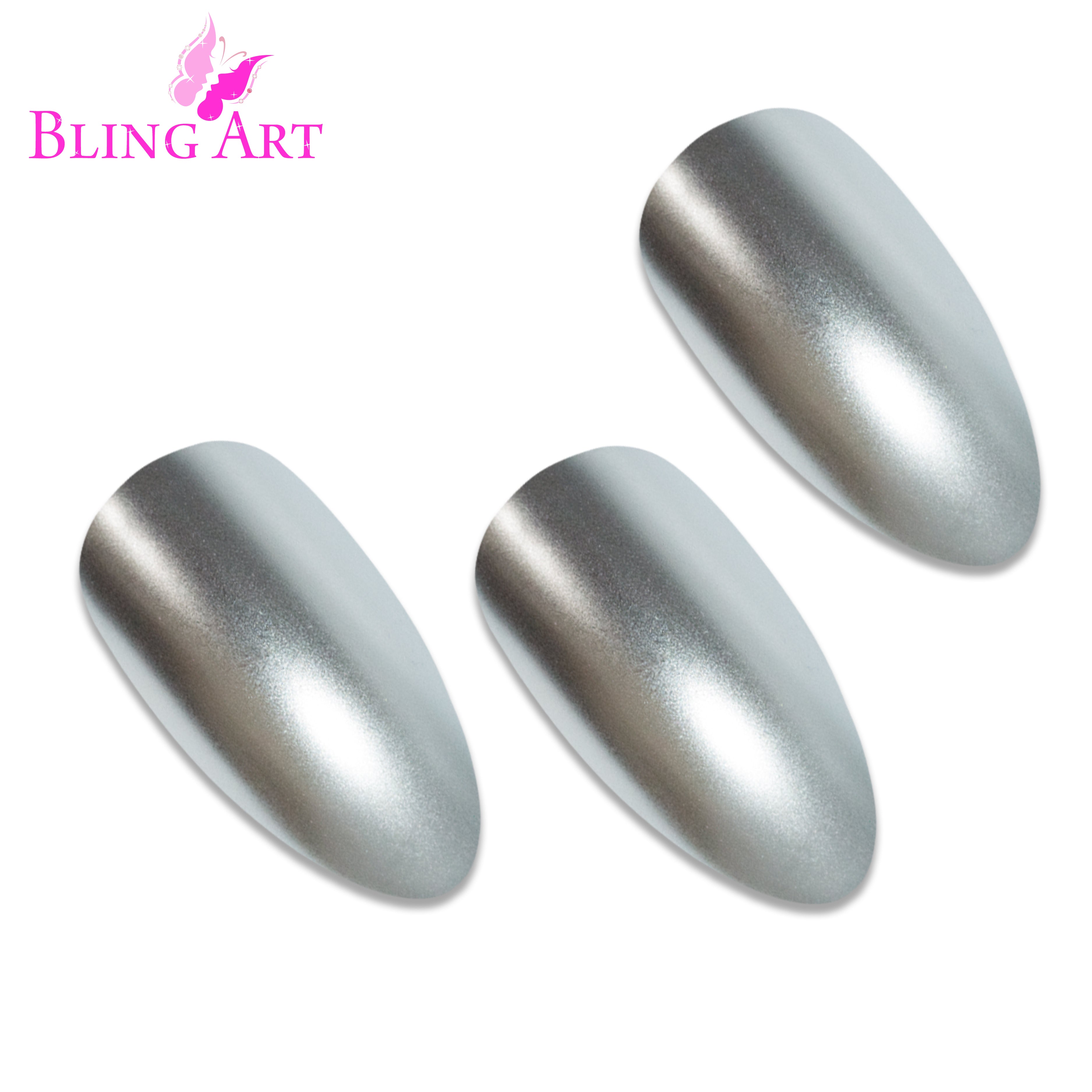 Silver matte metallic almond stiletto Bling Art press-on nails — worn-hand close-up showing the chrome silver-matte on long pointed almond stiletto tips. Almond = Stiletto (same shape).