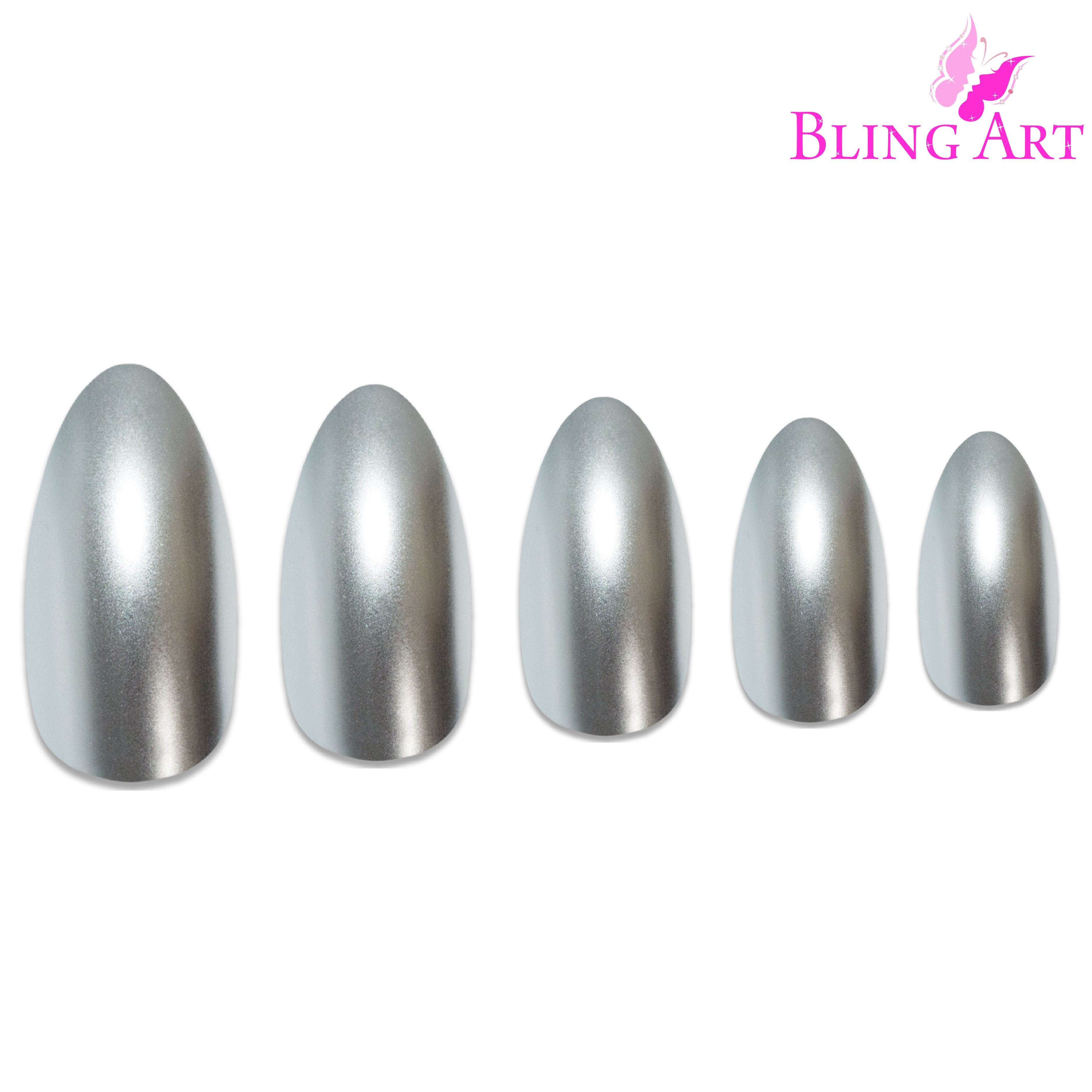 Silver matte metallic almond stiletto Bling Art press-on nails — alternative angle revealing the bond line on the long almond stiletto shape.