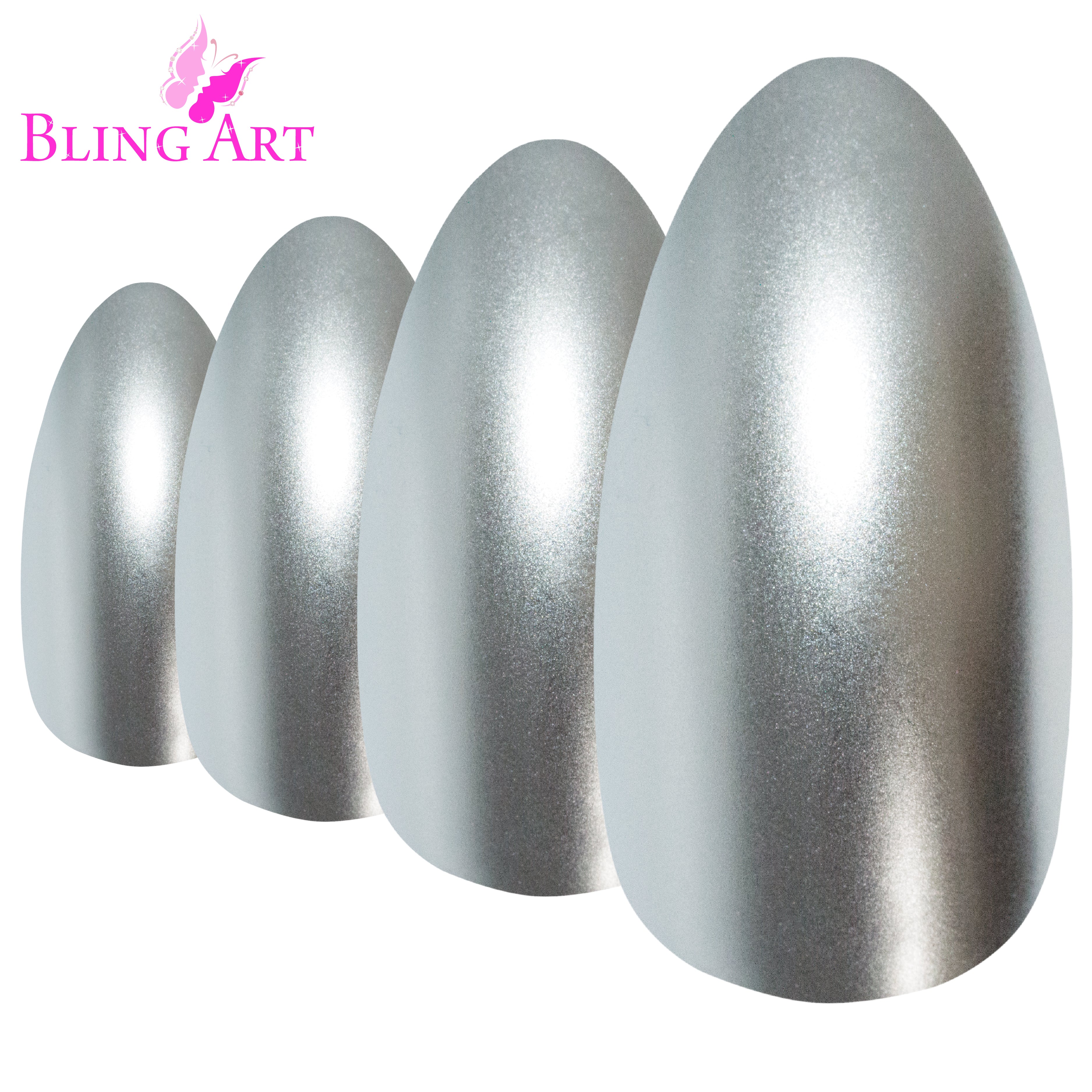 Bling Art Silver matte metallic almond stiletto press-on nail set packaging — 24 nails, 12 sizes XS-XXL, file and cuticle stick included. Glue not included.