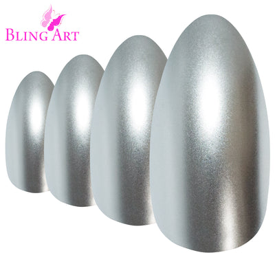 Cool chrome silver matte-metallic almond stiletto long press-on false nails by Bling Art — sleek metallic glamour for parties, Christmas, and editorial events · chrome-finish metallic with velvet matte texture · long almond stiletto tips · 24 nails per set with adhesive · designed in Yorkshire