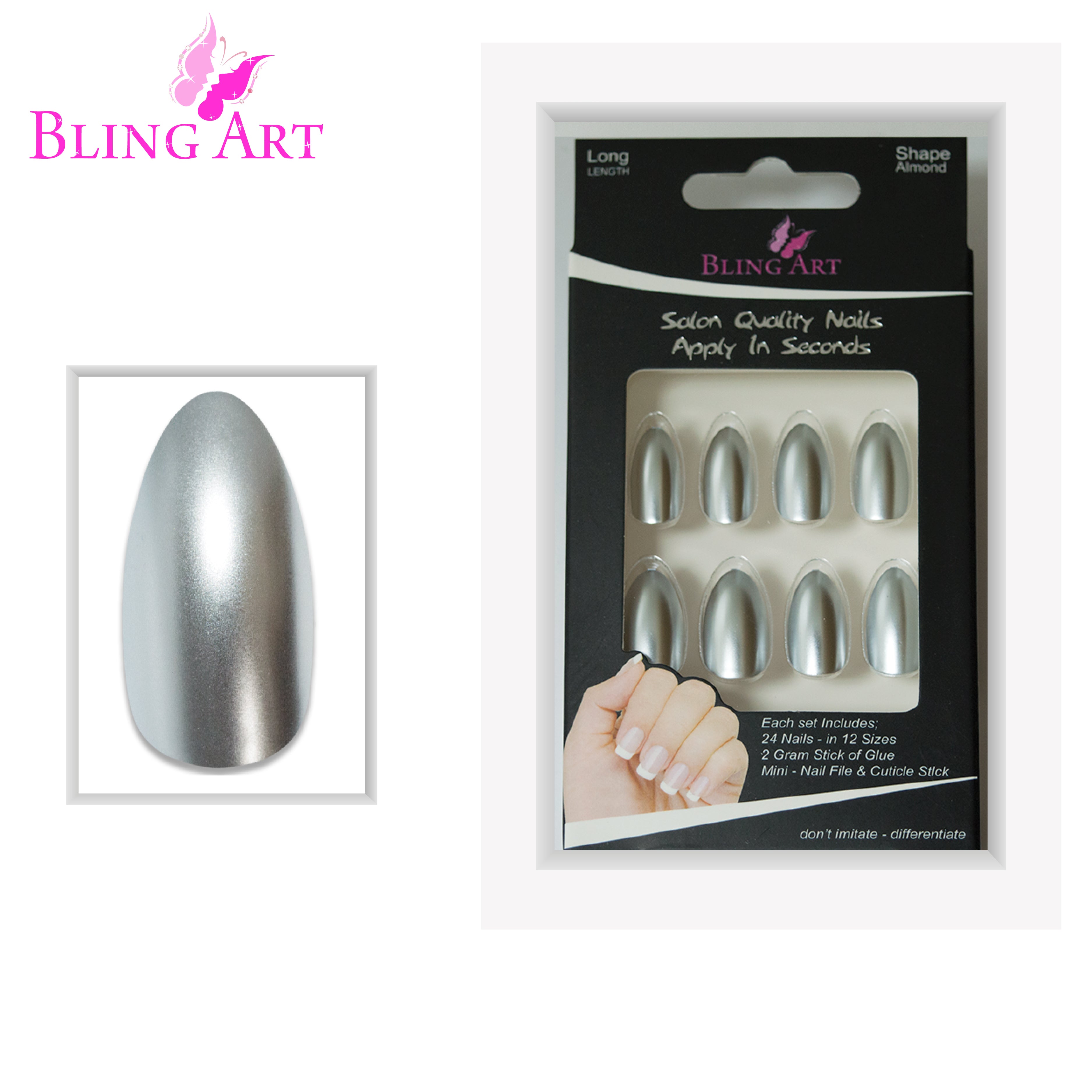 Silver matte metallic almond stiletto Bling Art press-on nails — full-hand reveal showing all 24 nails for parties and Christmas events.