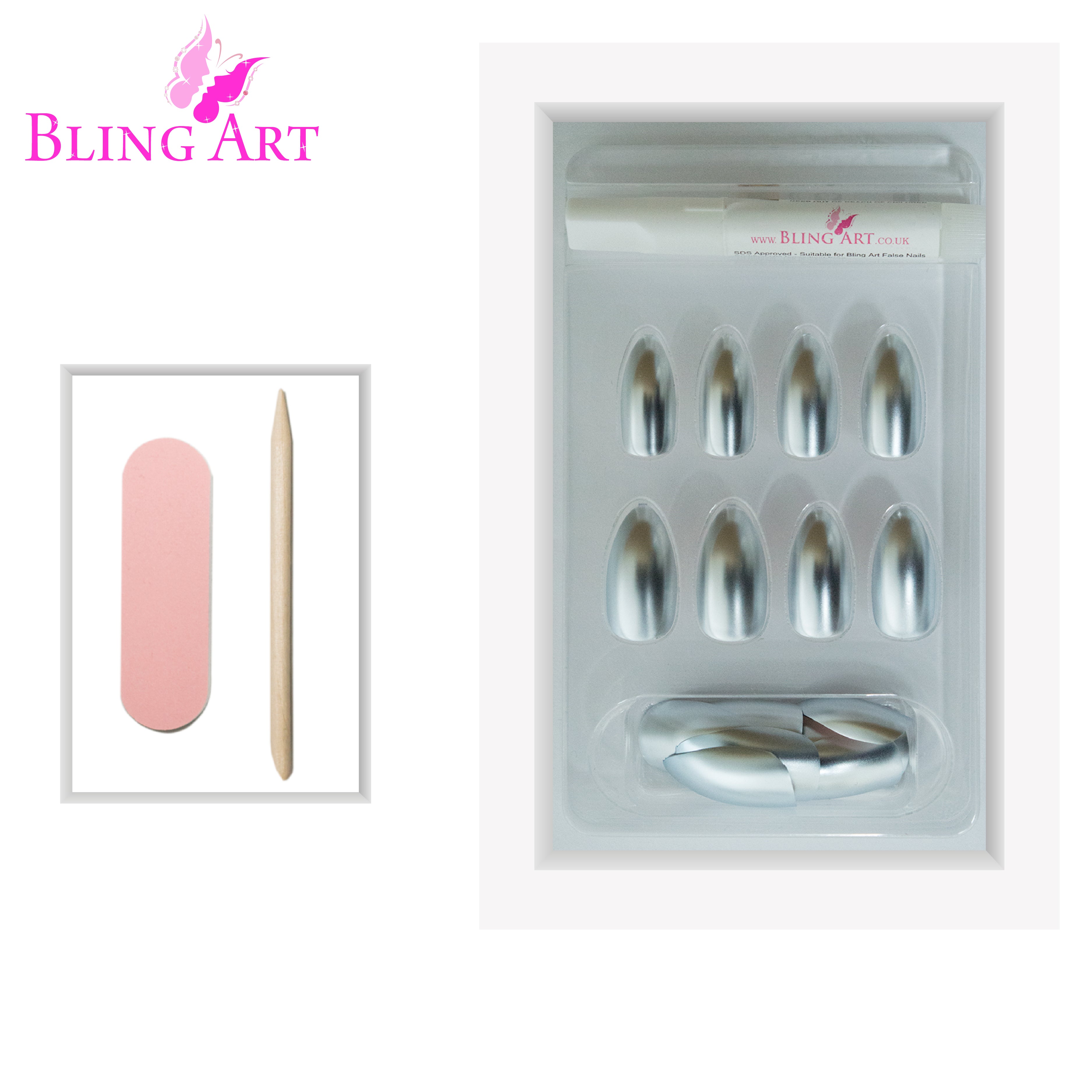 Silver matte metallic almond stiletto Bling Art press-on nails — lifestyle context shot showing the sleek chrome silver-matte finish.