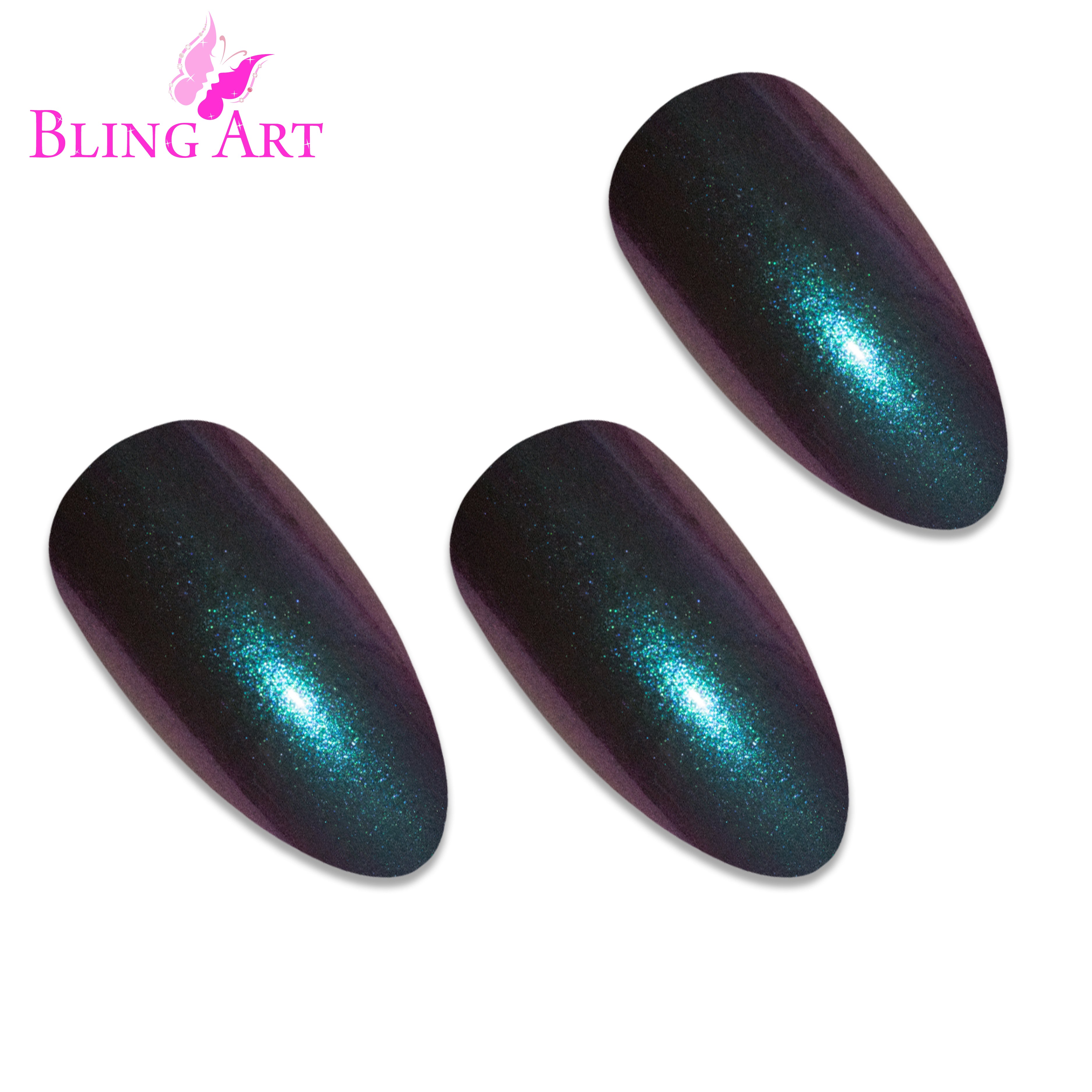 Green Purple chameleon almond stiletto Bling Art press-on nails — alternative angle revealing the chameleon shift on the long almond stiletto shape.